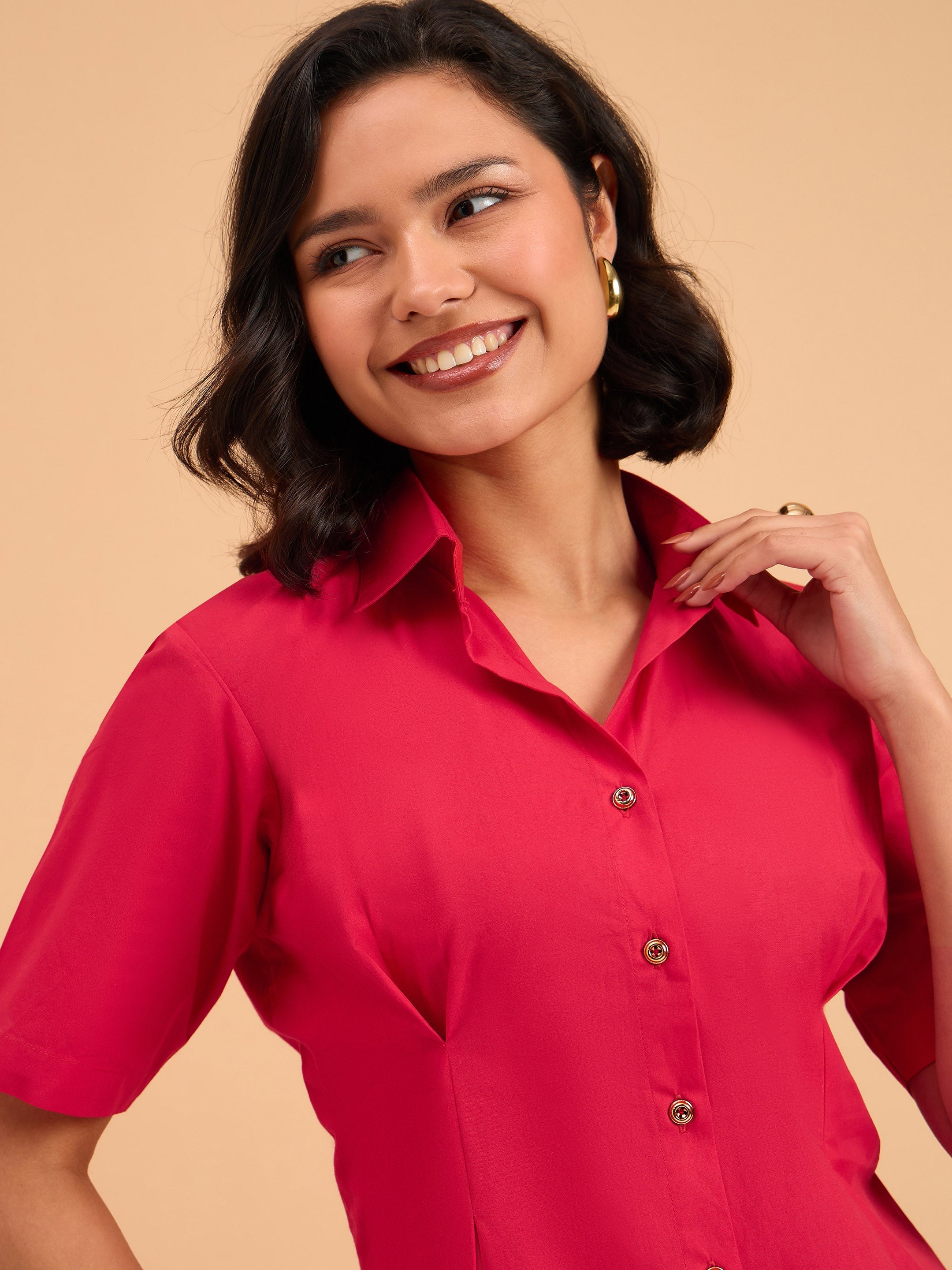 Women Red Smocked Pure Cotton Shirt Mini Dress
