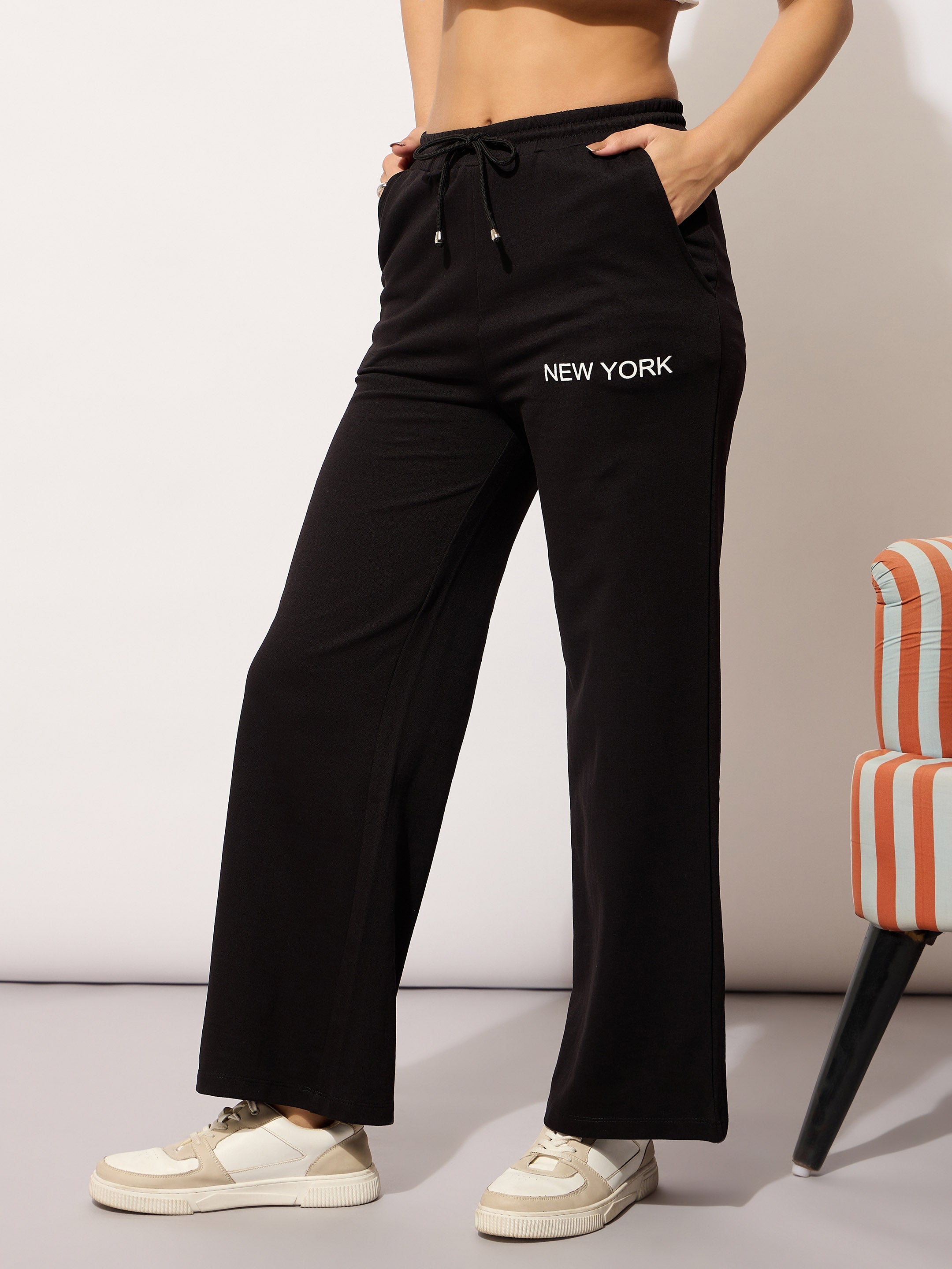Women Black Terry  Printed Track Pants