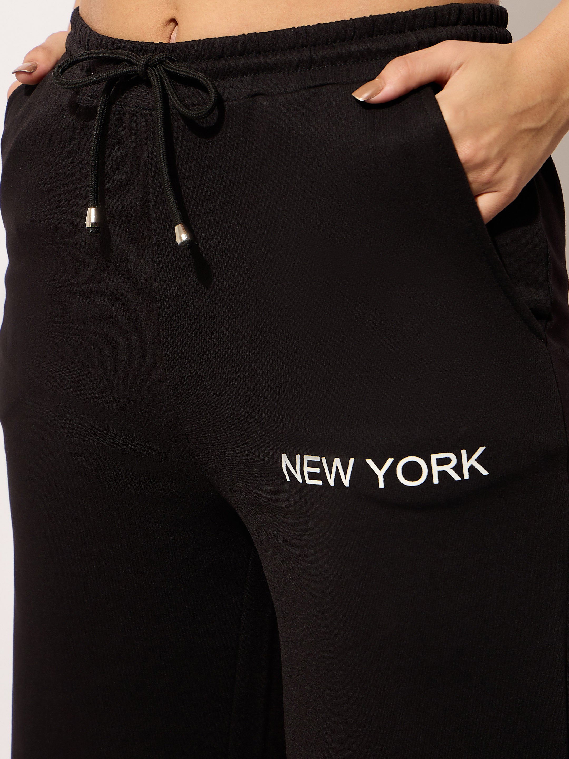 Women Black Terry  Printed Track Pants