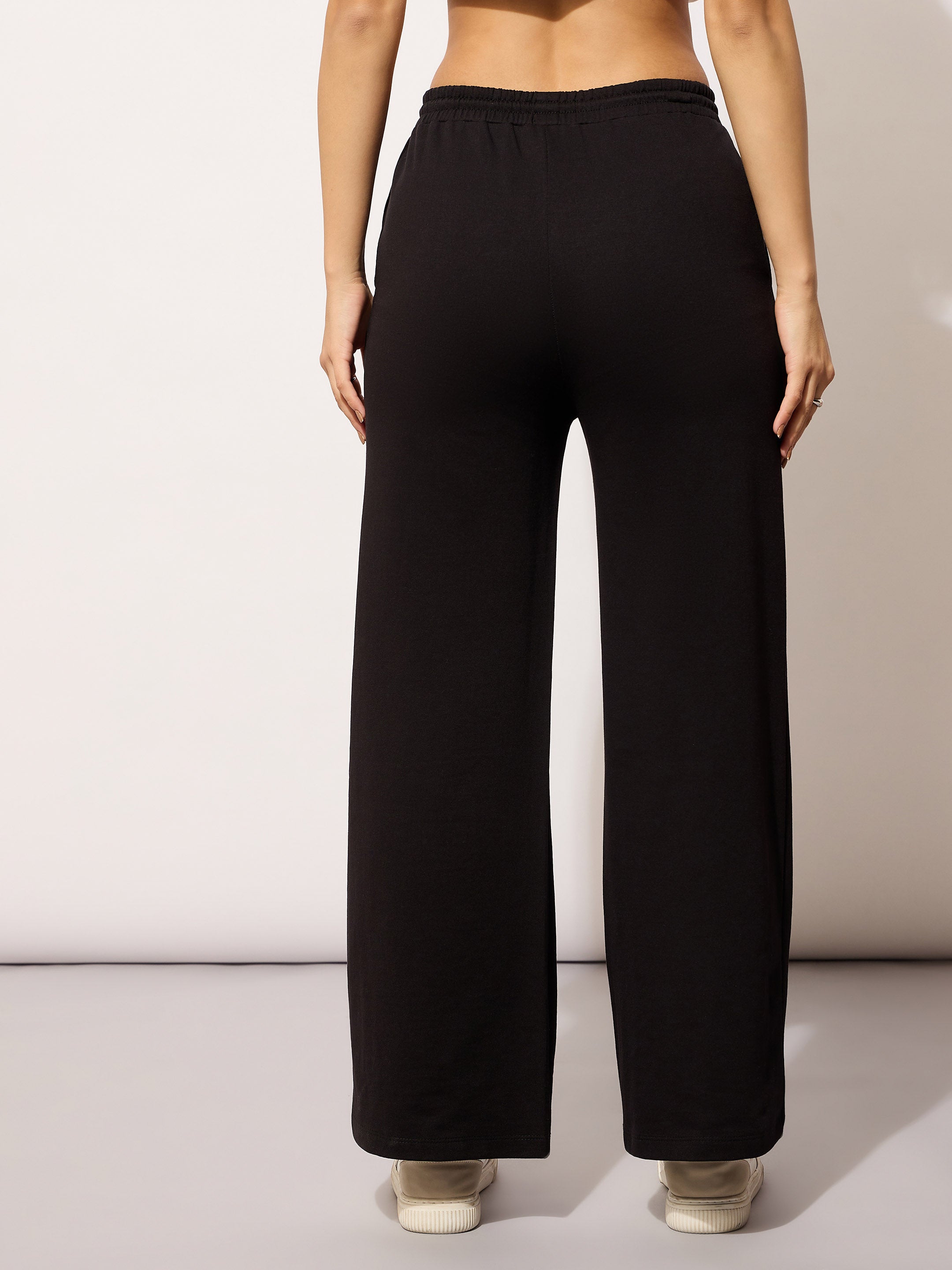 Women Black Terry  Printed Track Pants