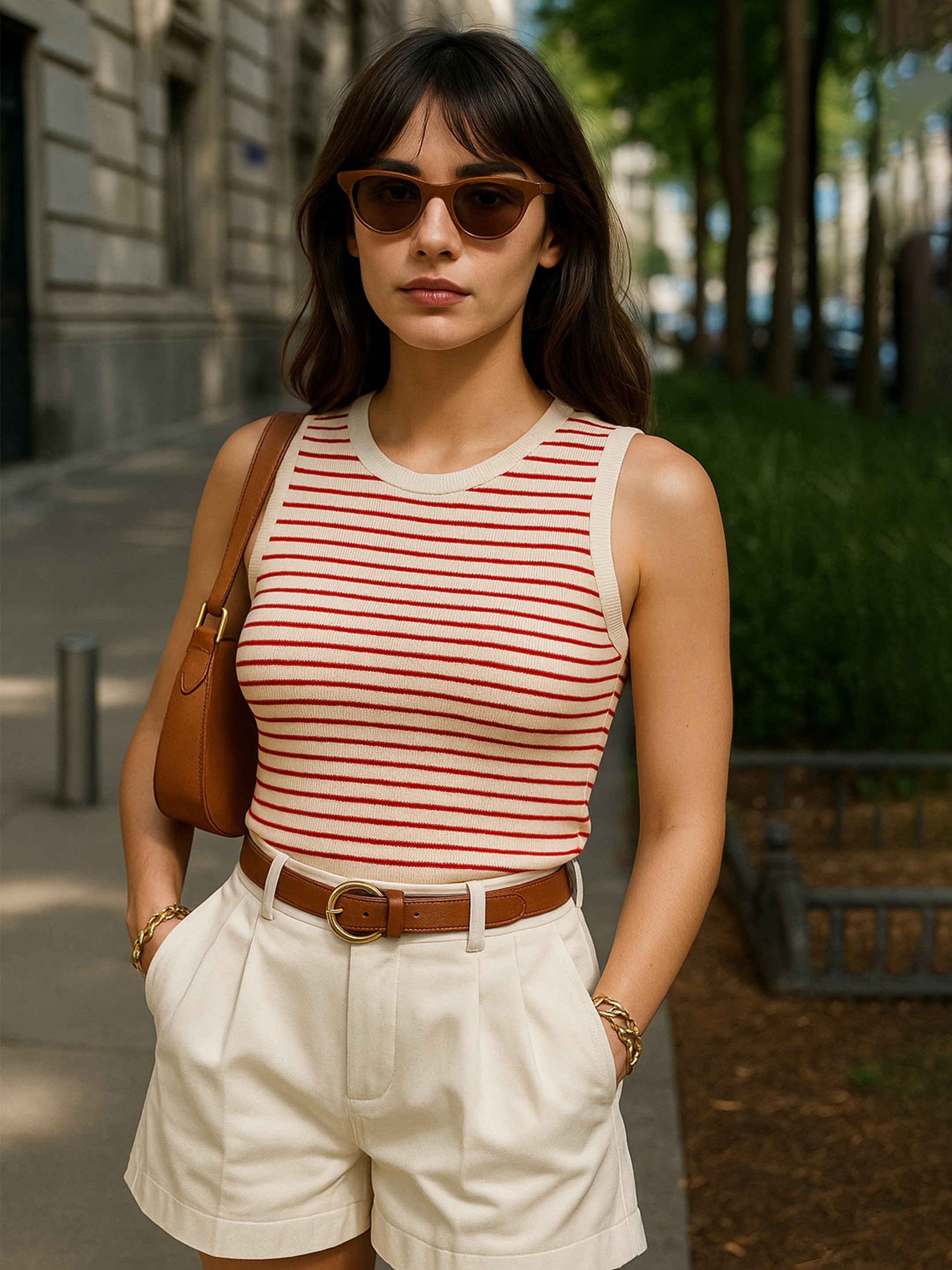 Women Red & Beige Striped Sleeveless Crop Baby Tee
