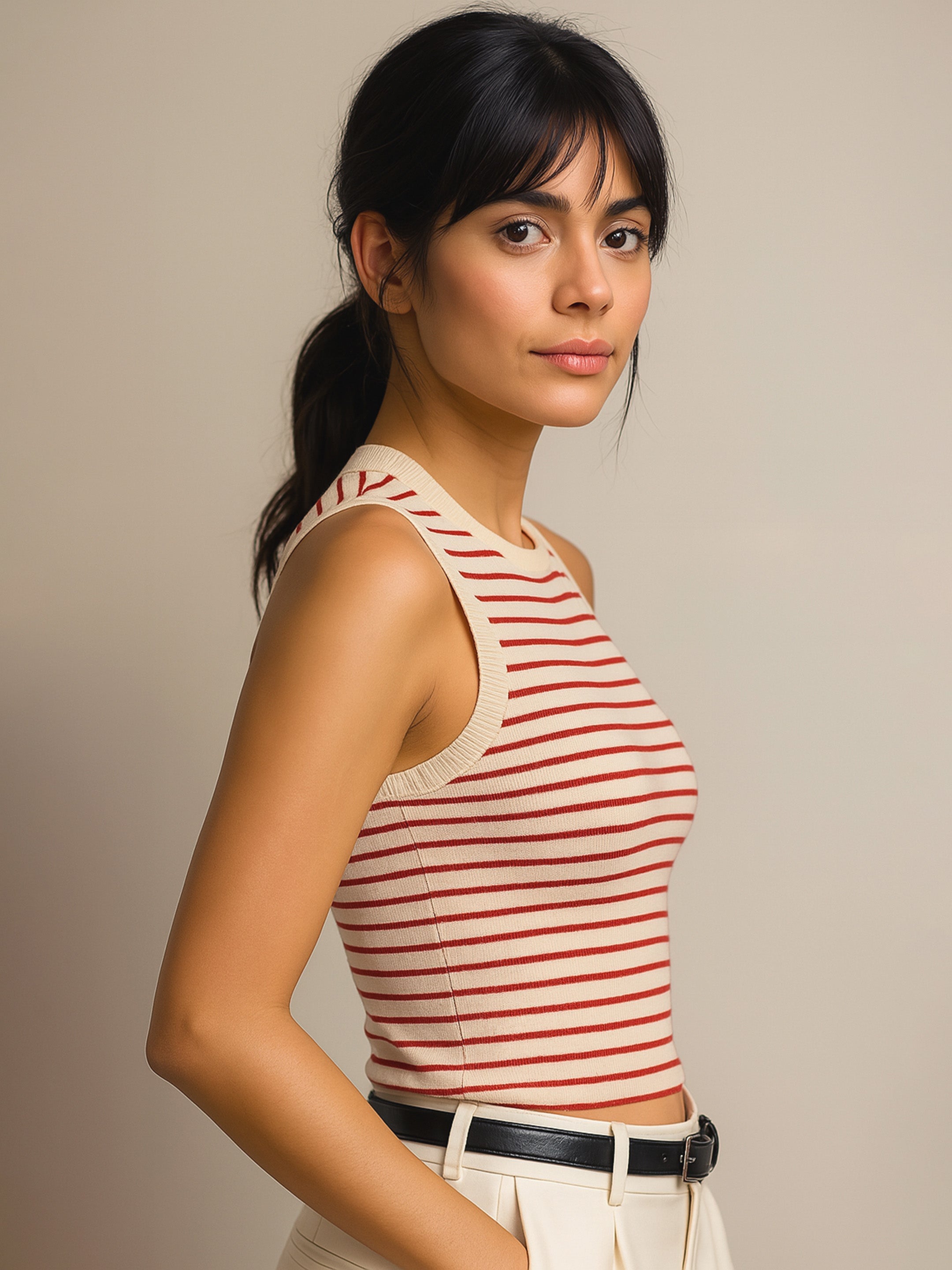 Women Red & Beige Striped Sleeveless Crop Baby Tee