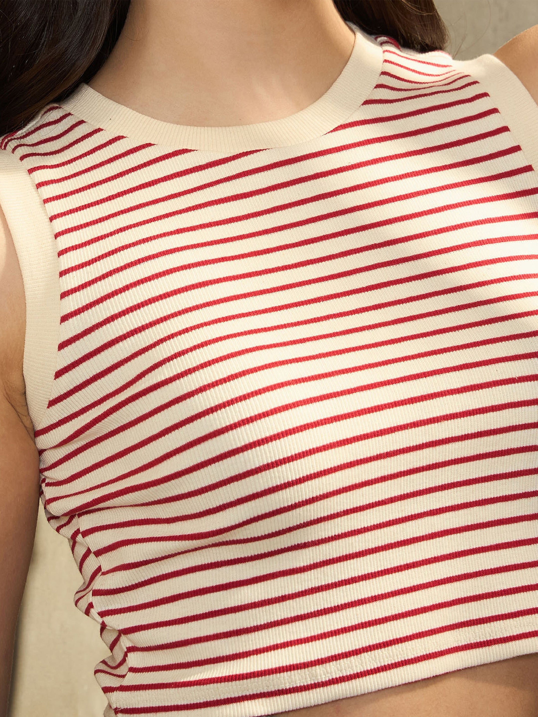 Women Red & Beige Striped Sleeveless Crop Baby Tee