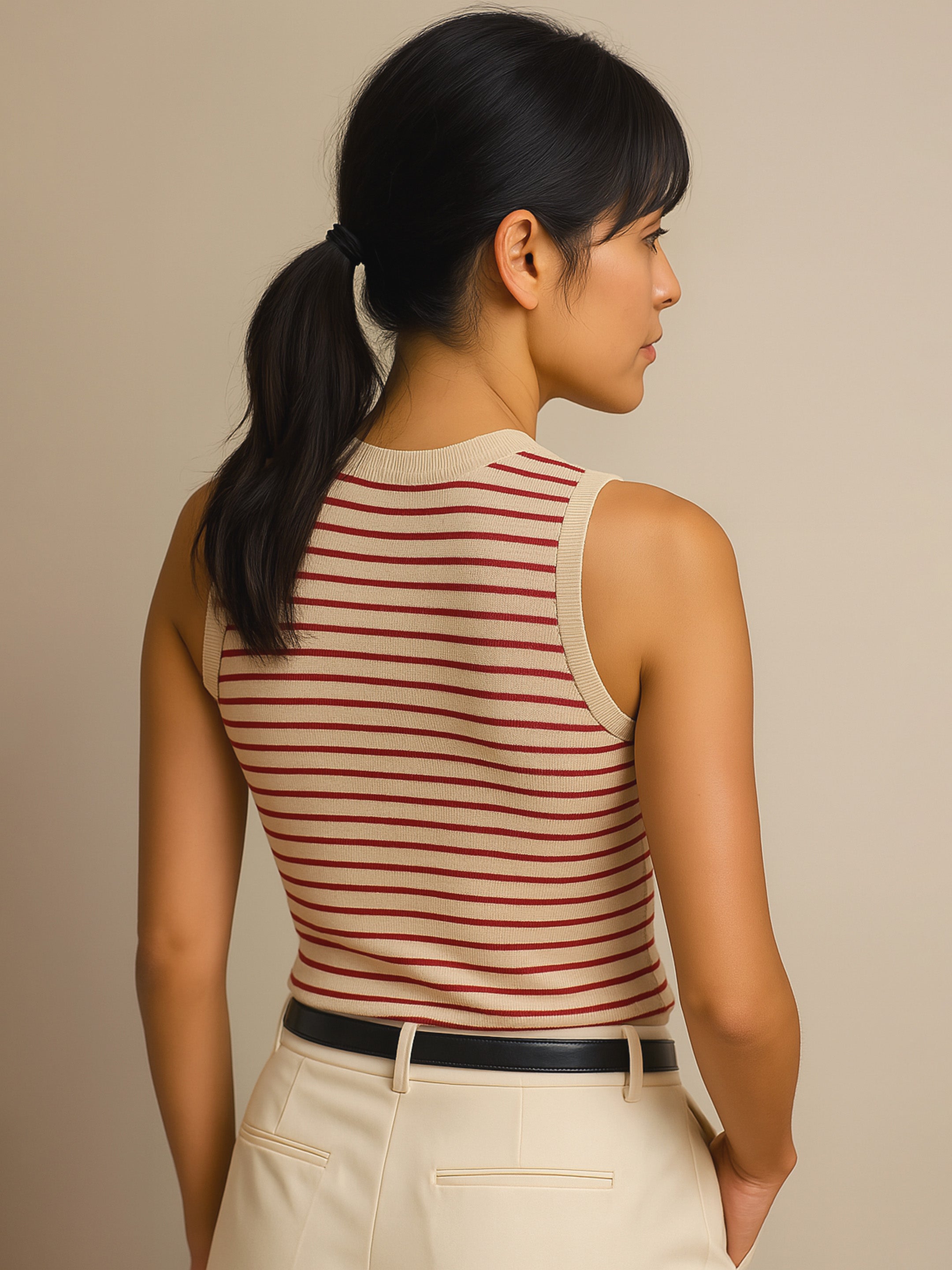 Women Red & Beige Striped Sleeveless Crop Baby Tee