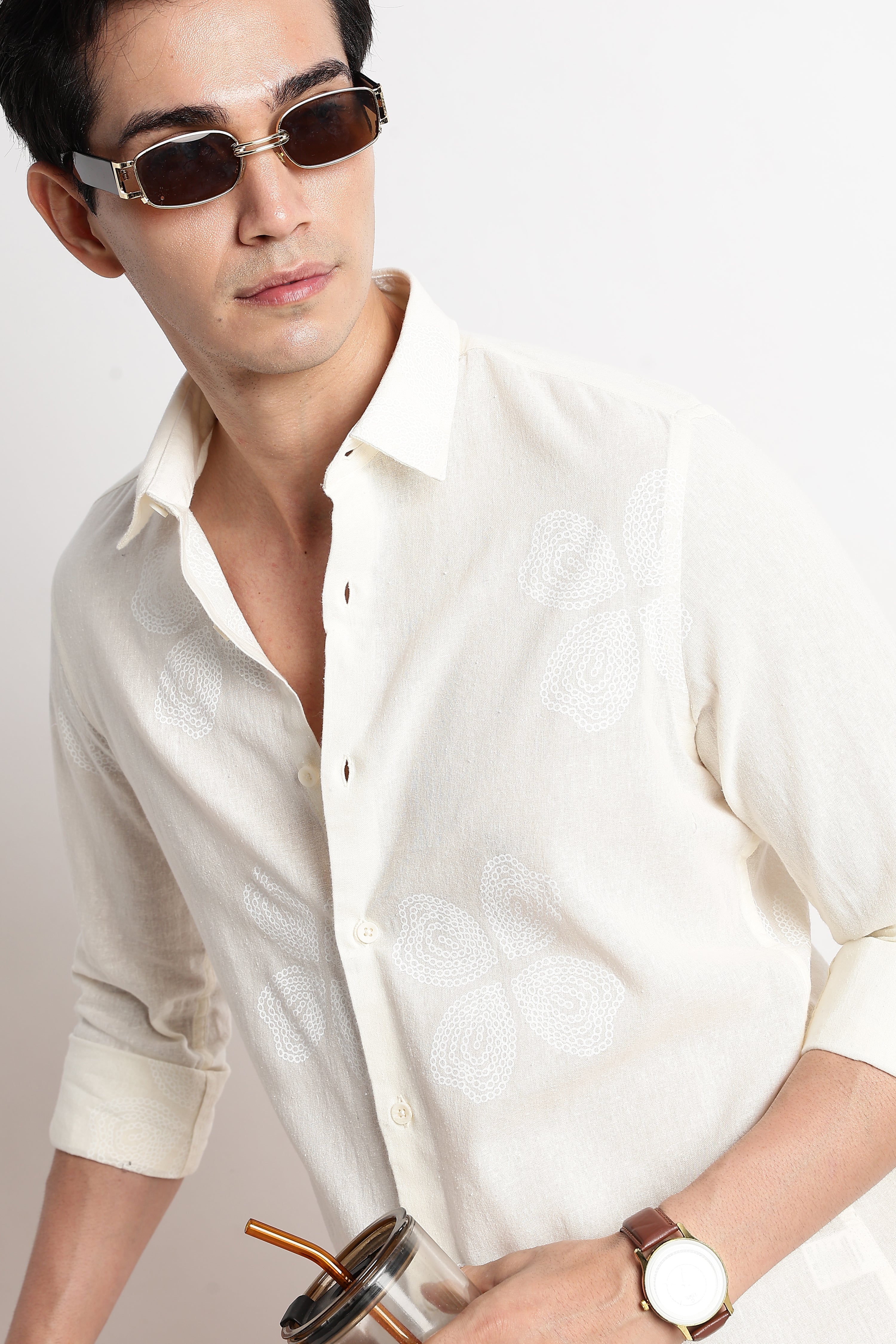 Men Geo-Printed Cotton Linen Shirt