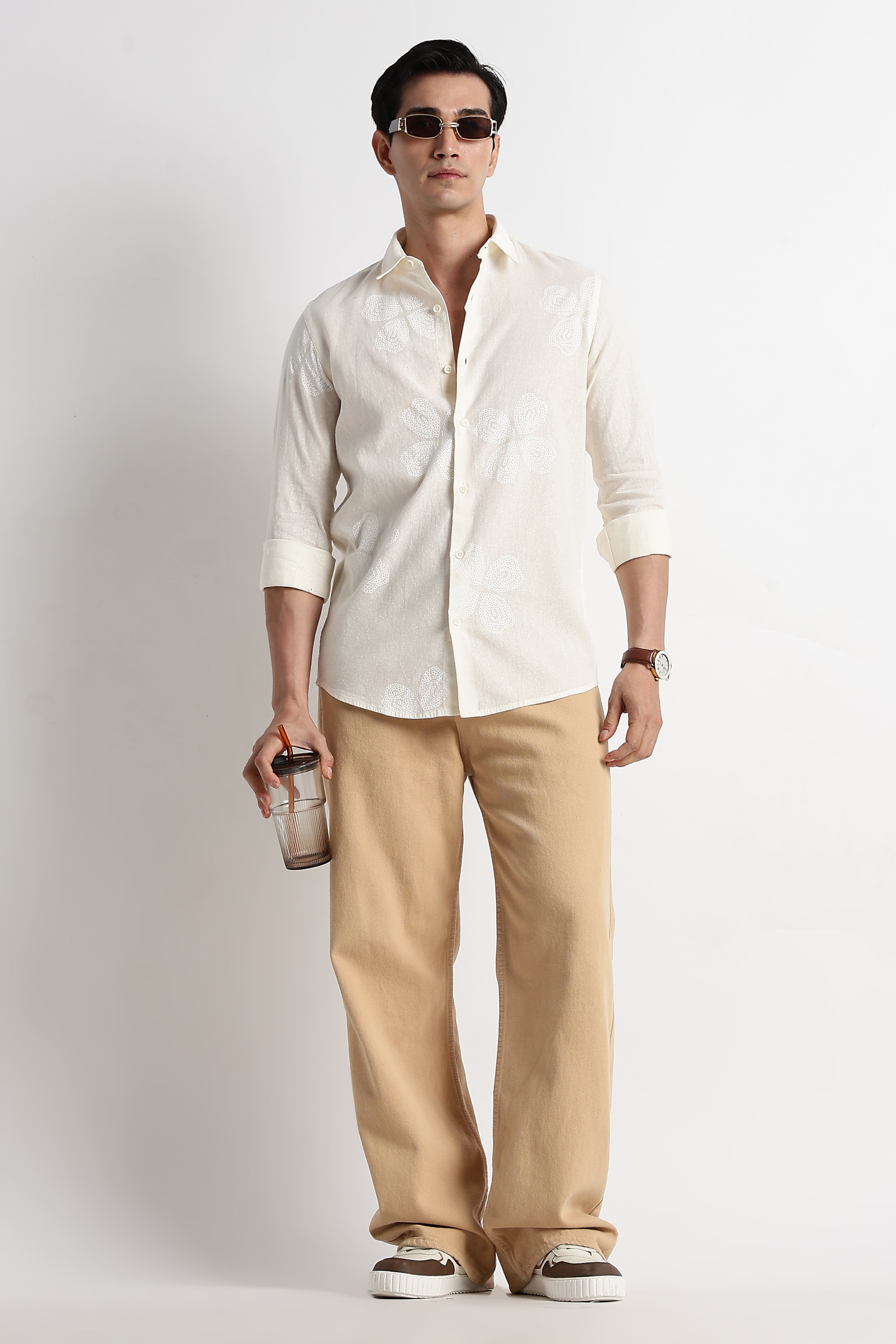 Men Geo-Printed Cotton Linen Shirt