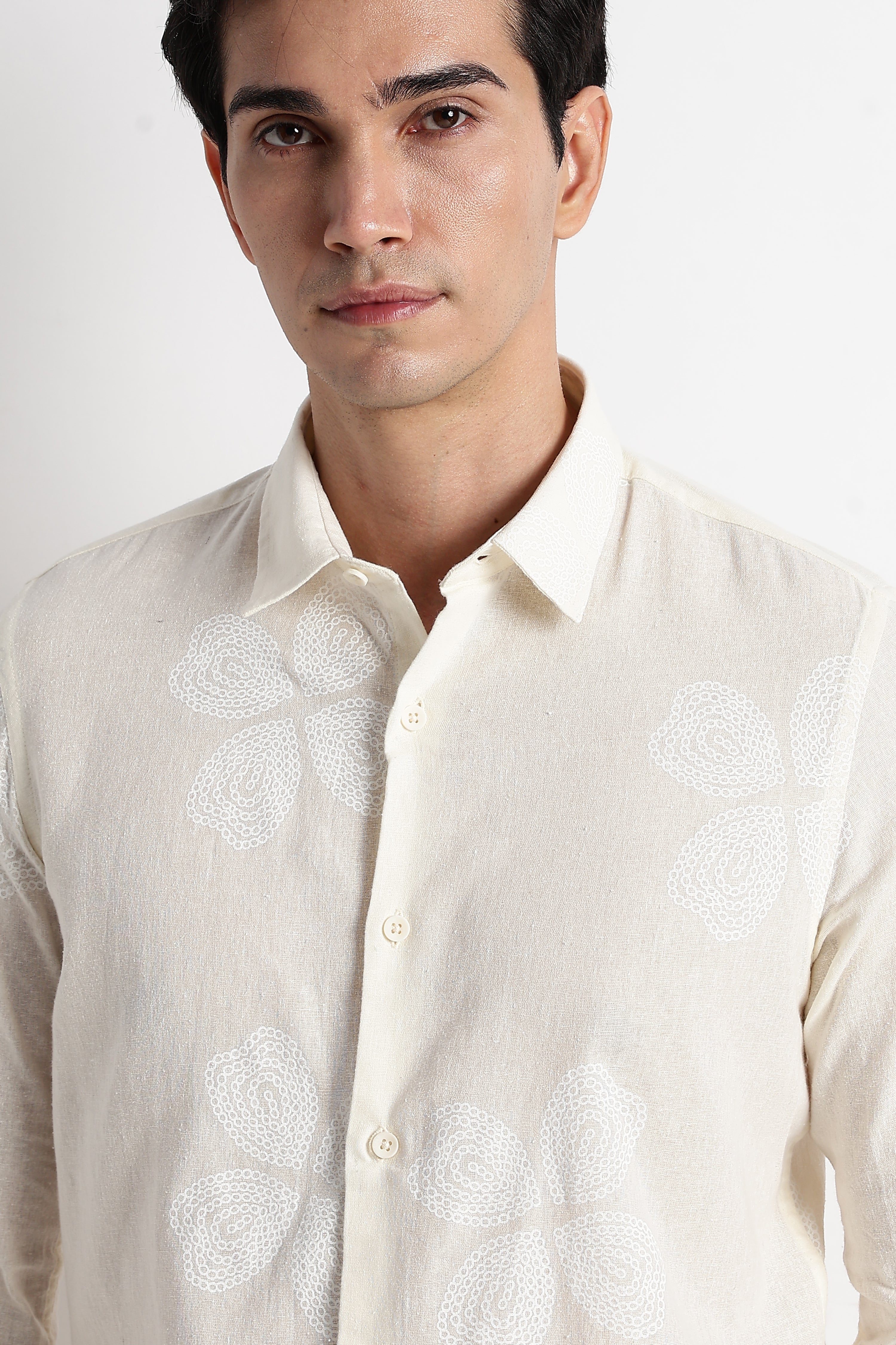 Men Geo-Printed Cotton Linen Shirt