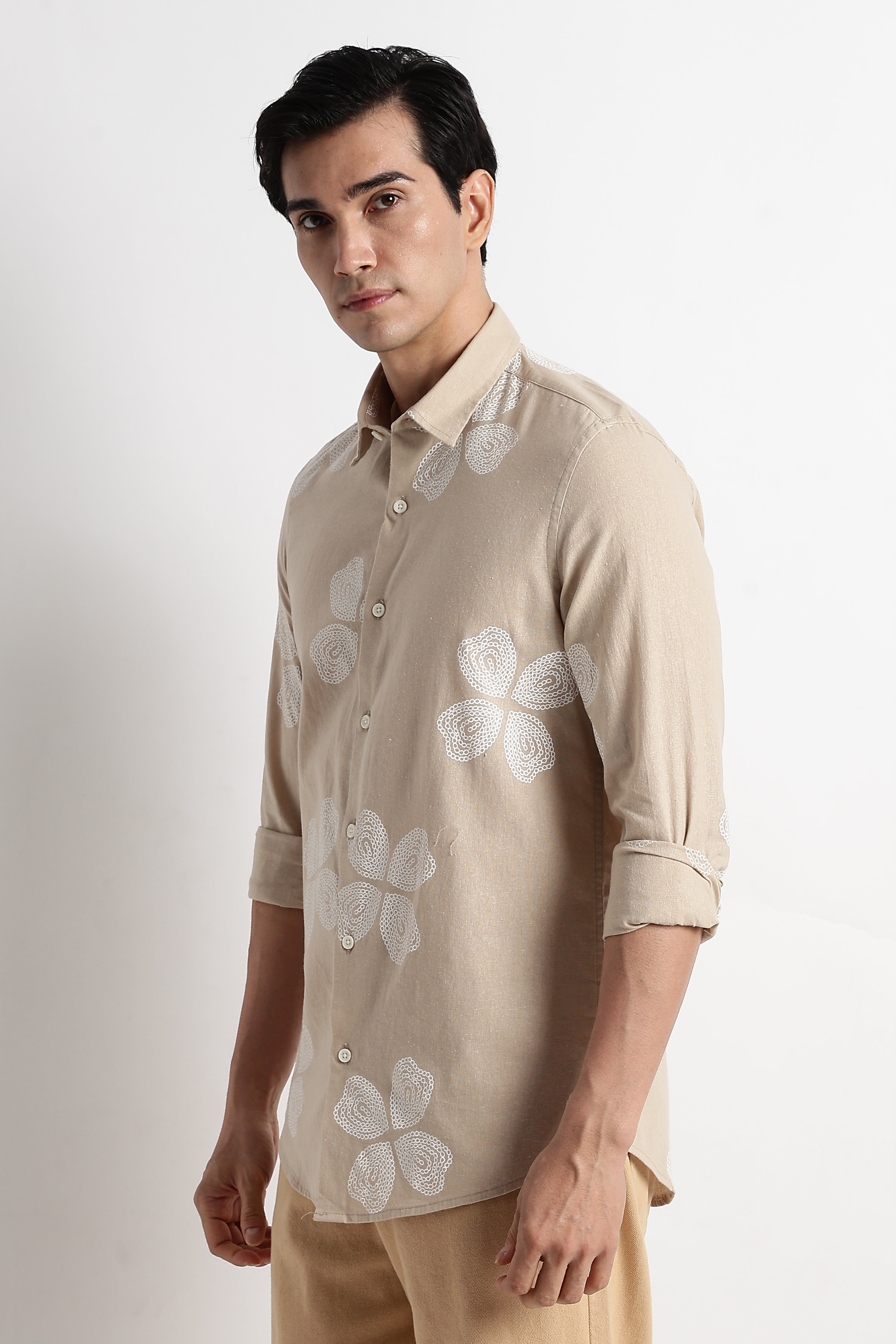 Men Geo-Printed Cotton Linen Shirt