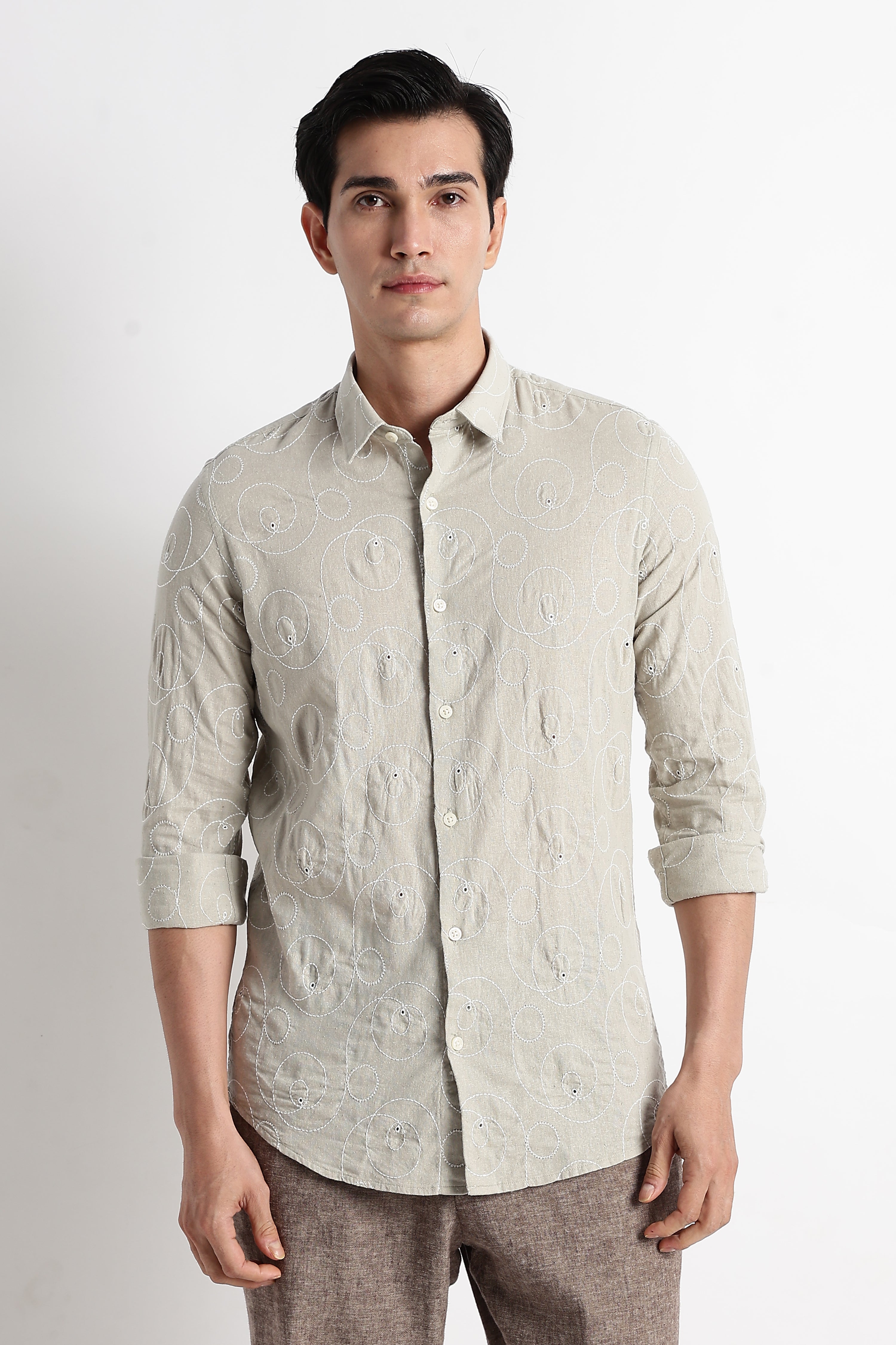 Men Textured Embroidered Cotton Shirt