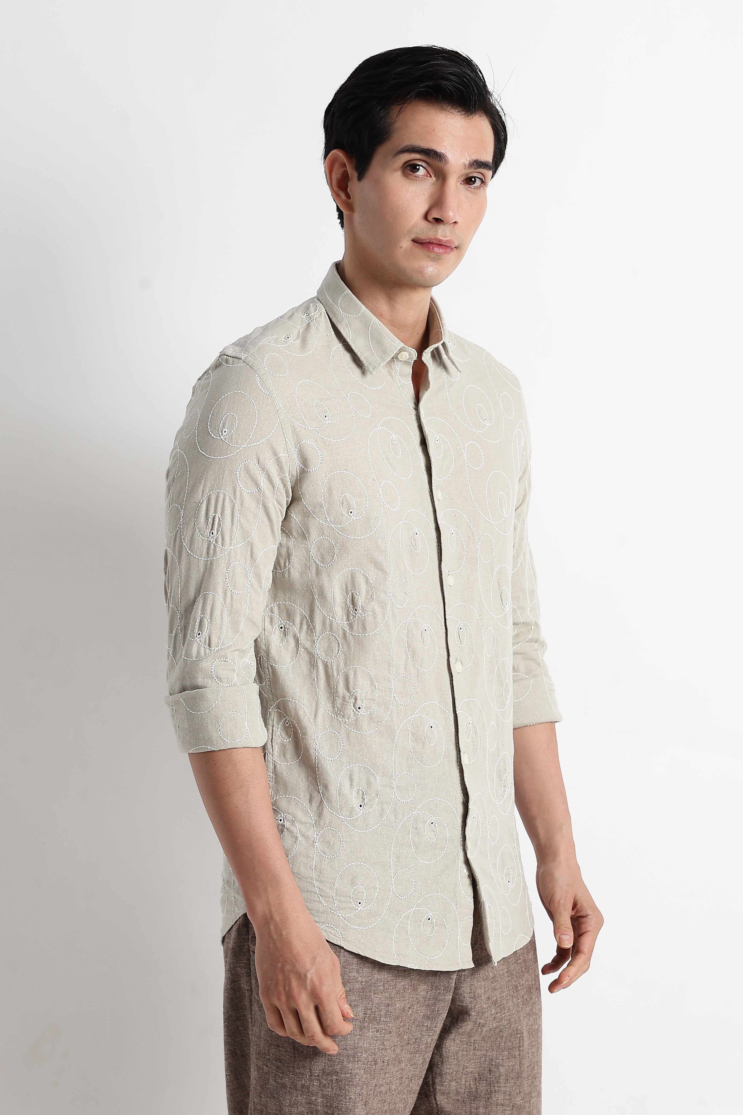 Men Textured Embroidered Cotton Shirt