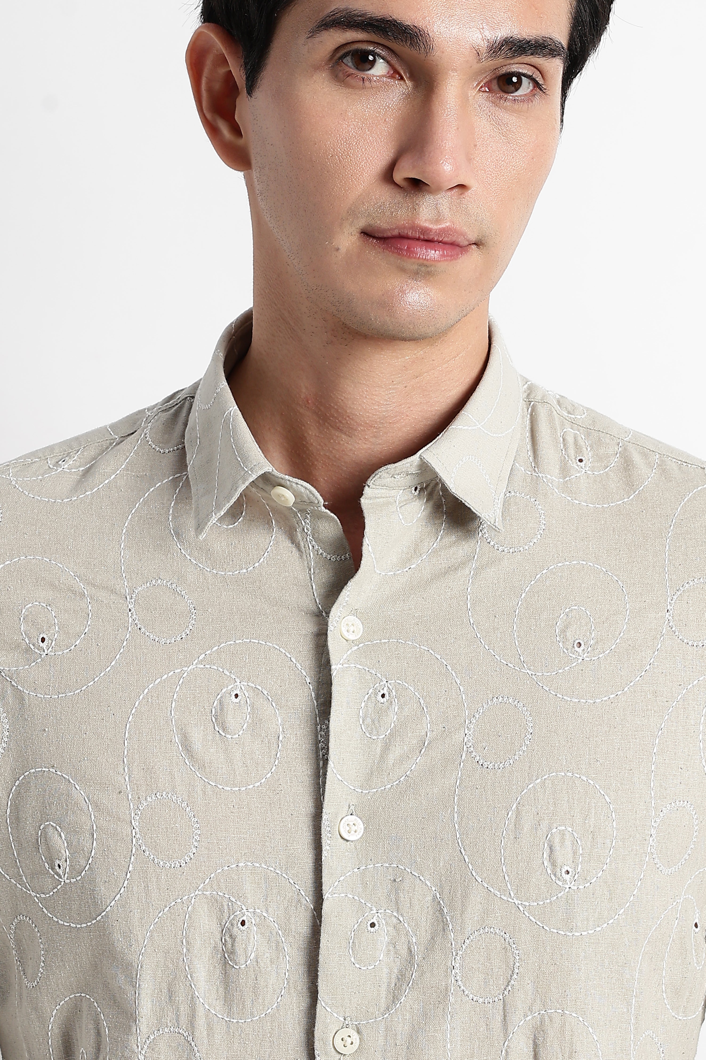 Men Textured Embroidered Cotton Shirt