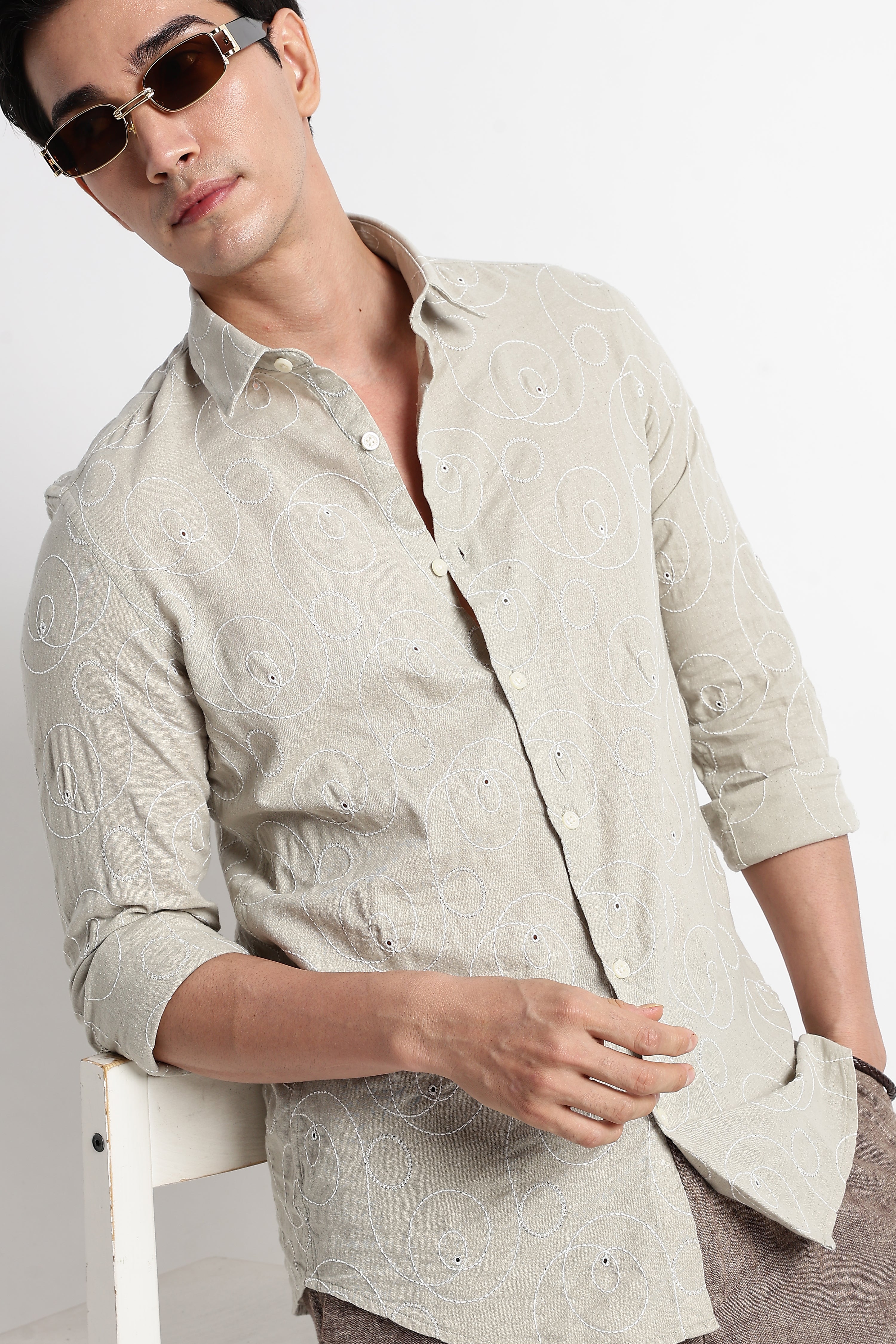 Men Textured Embroidered Cotton Shirt