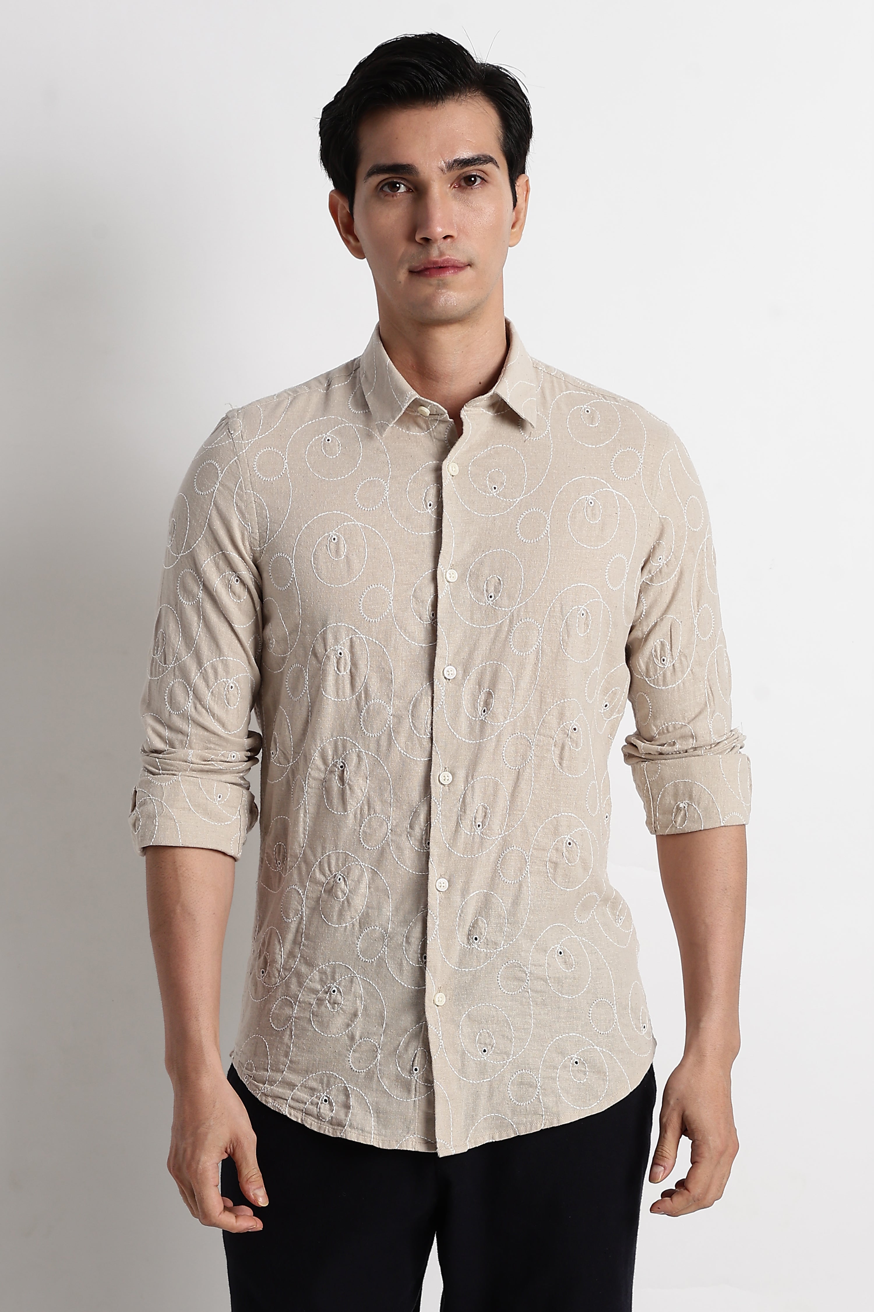 Men Textured Embroidered Cotton Shirt