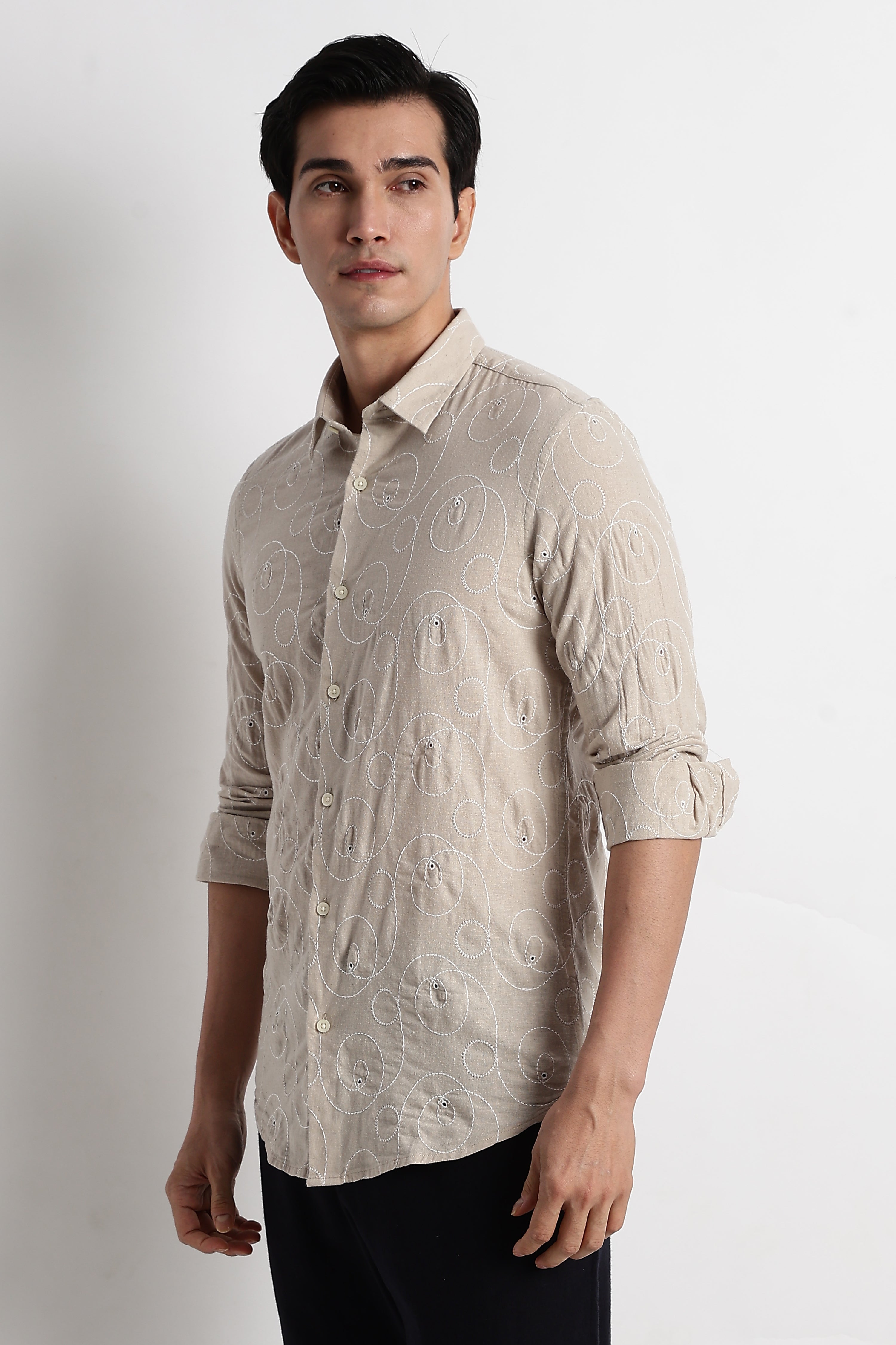 Men Textured Embroidered Cotton Shirt