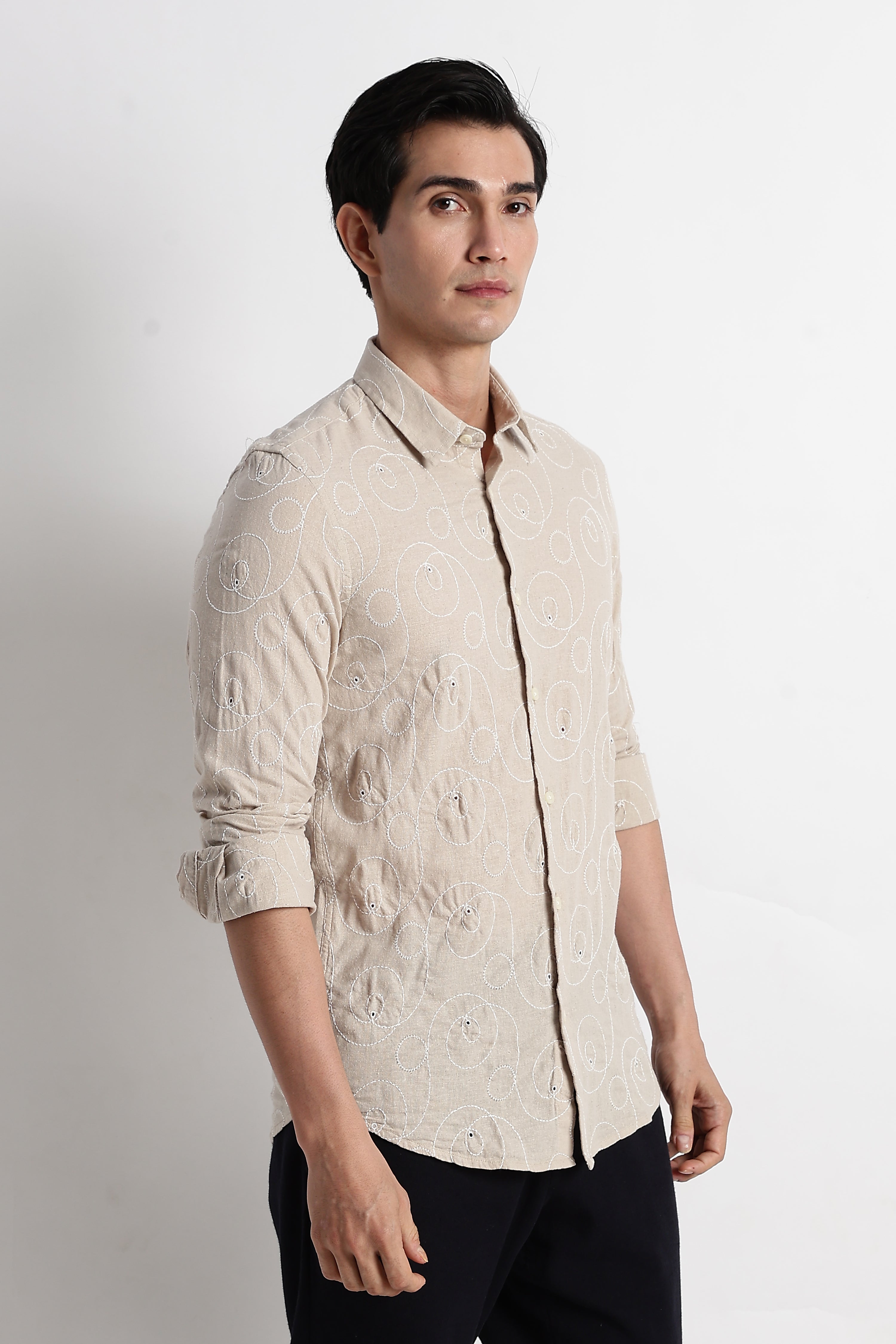 Men Textured Embroidered Cotton Shirt