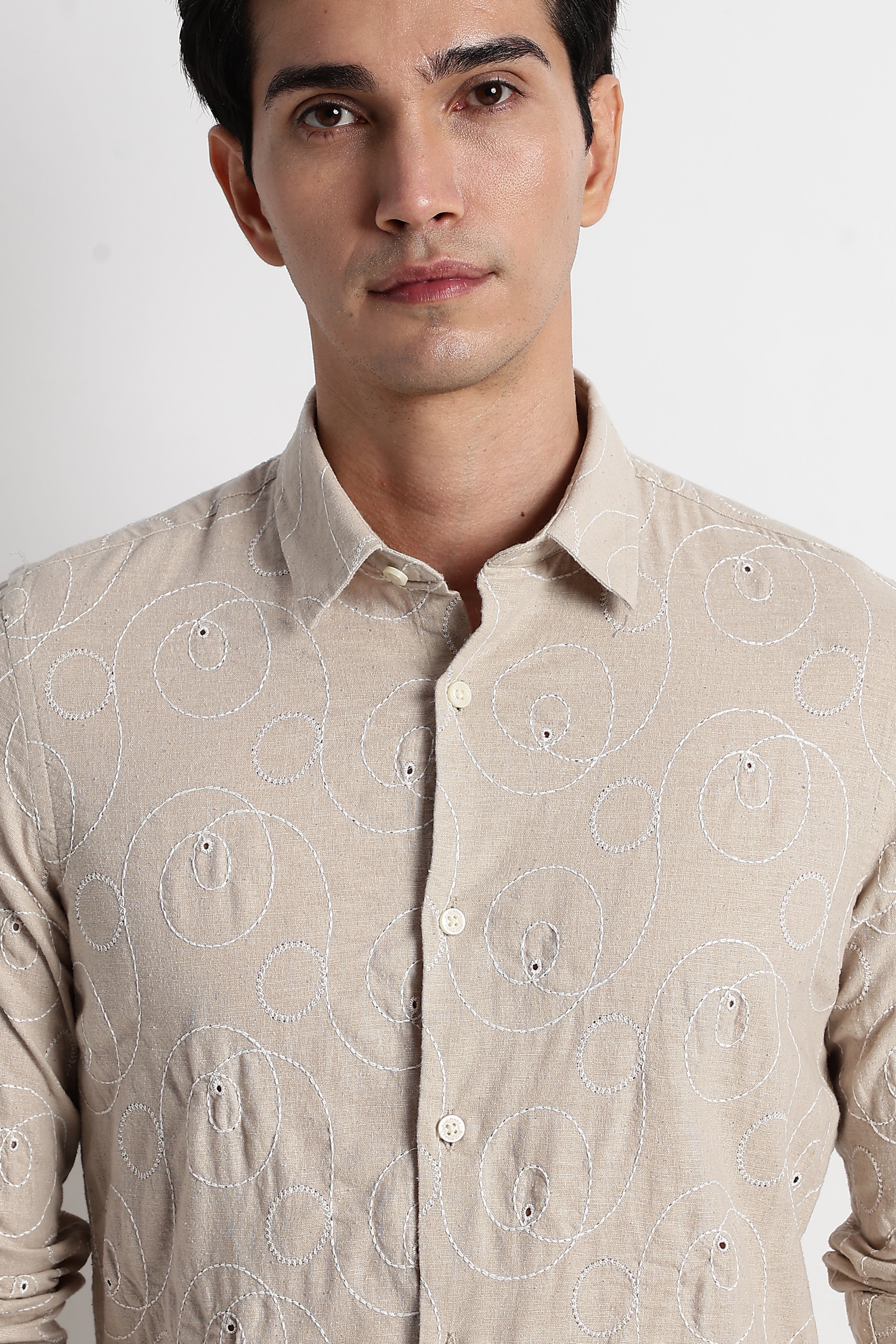 Men Textured Embroidered Cotton Shirt