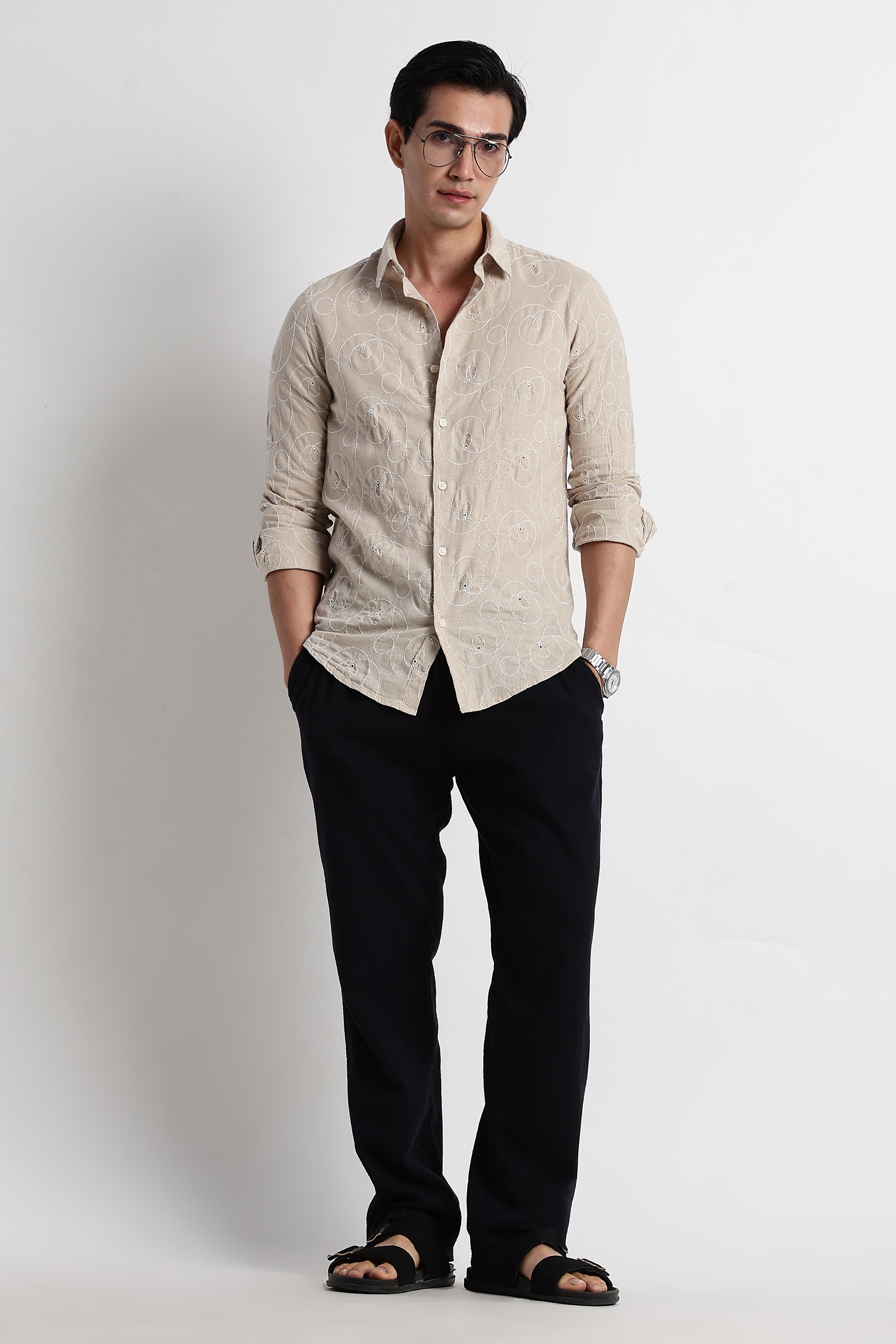 Men Textured Embroidered Cotton Shirt