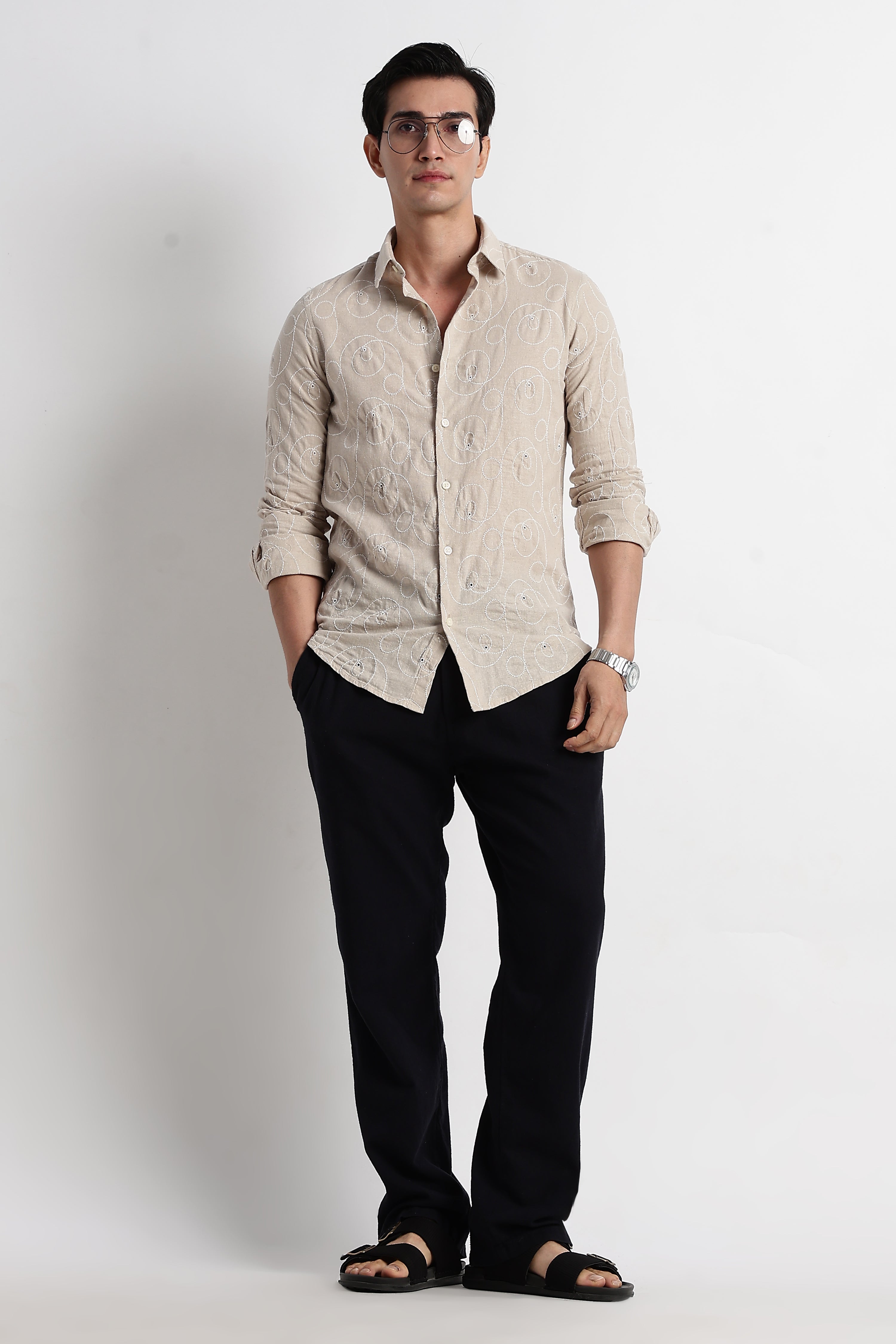 Men Textured Embroidered Cotton Shirt