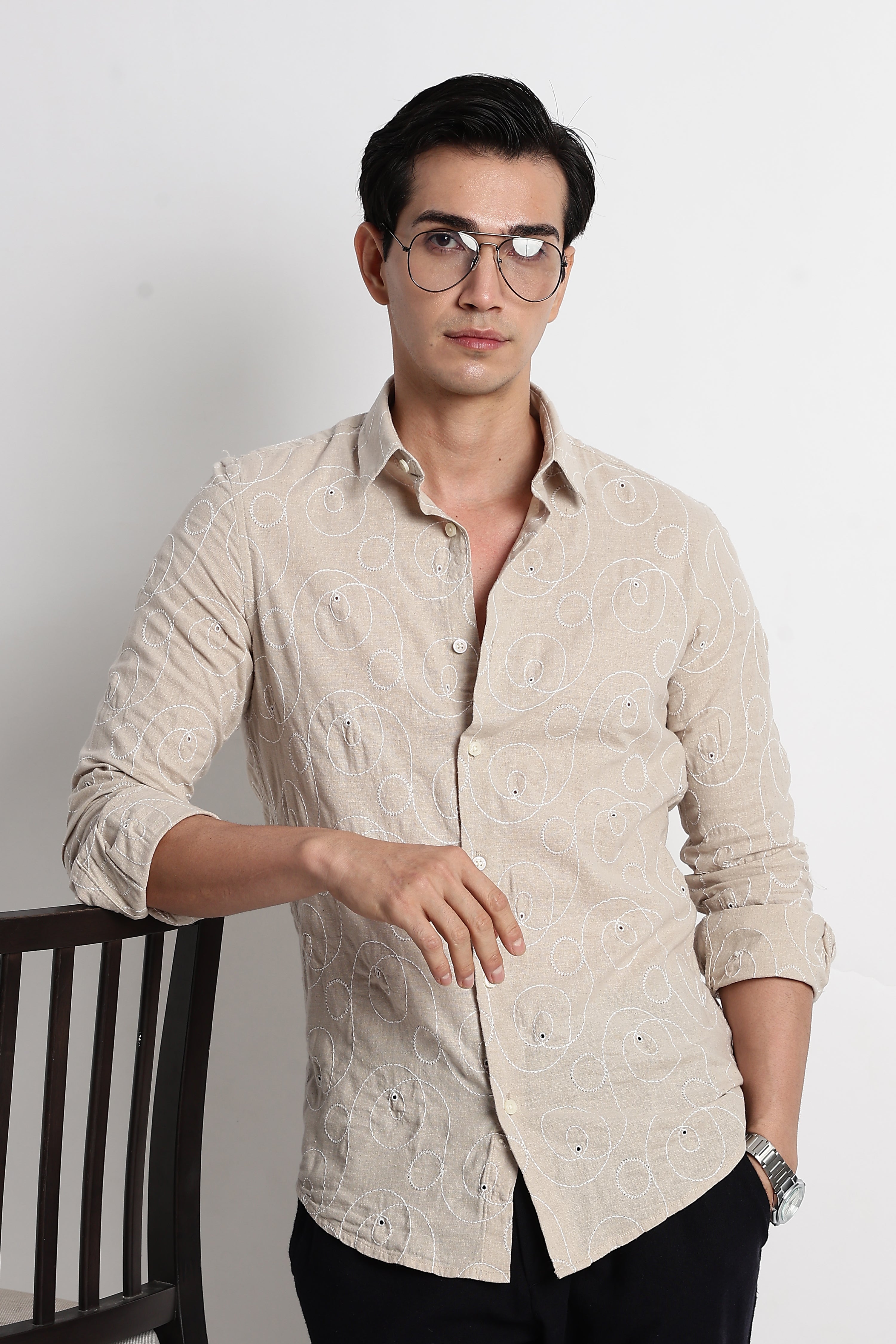 Men Textured Embroidered Cotton Shirt