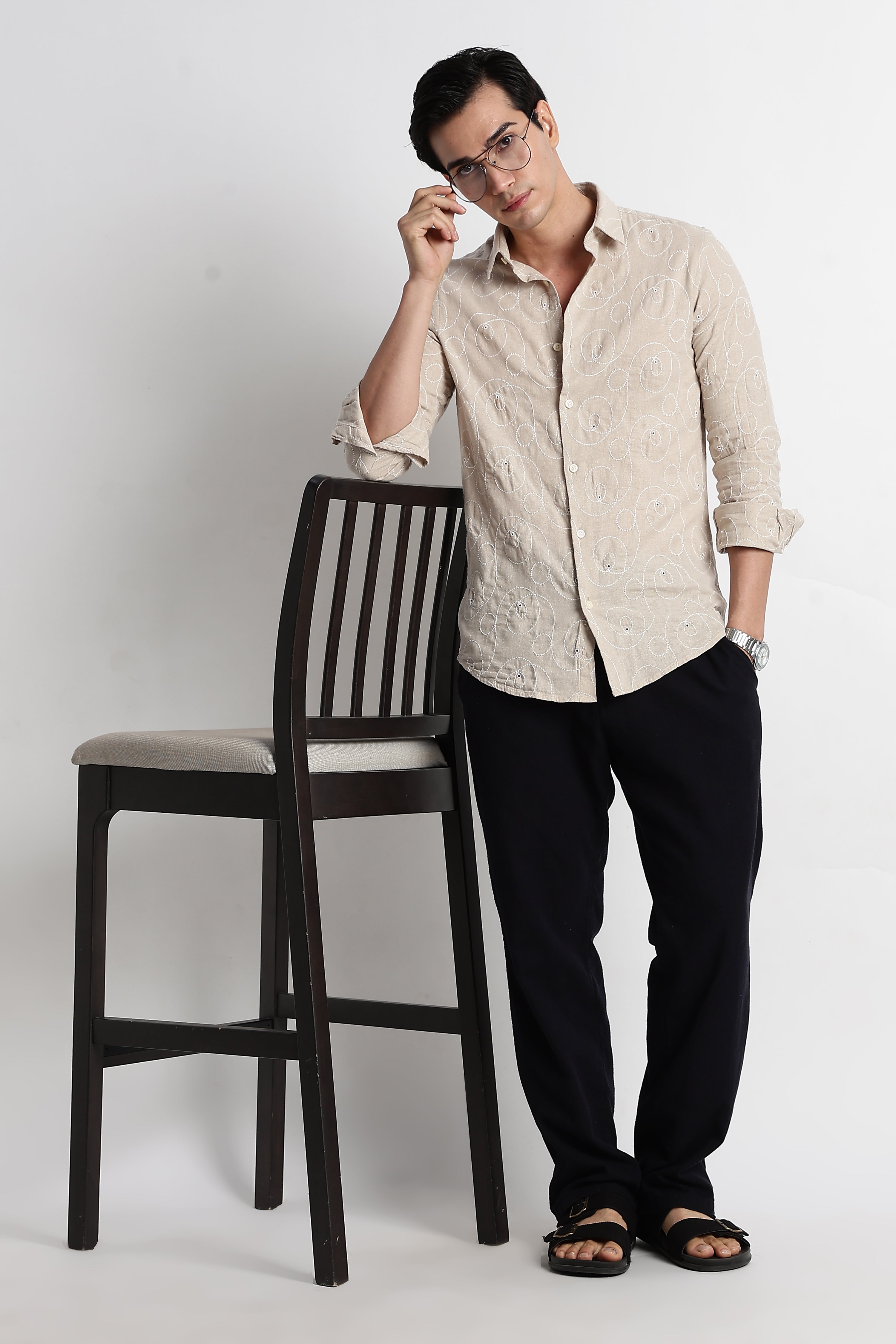 Men Textured Embroidered Cotton Shirt