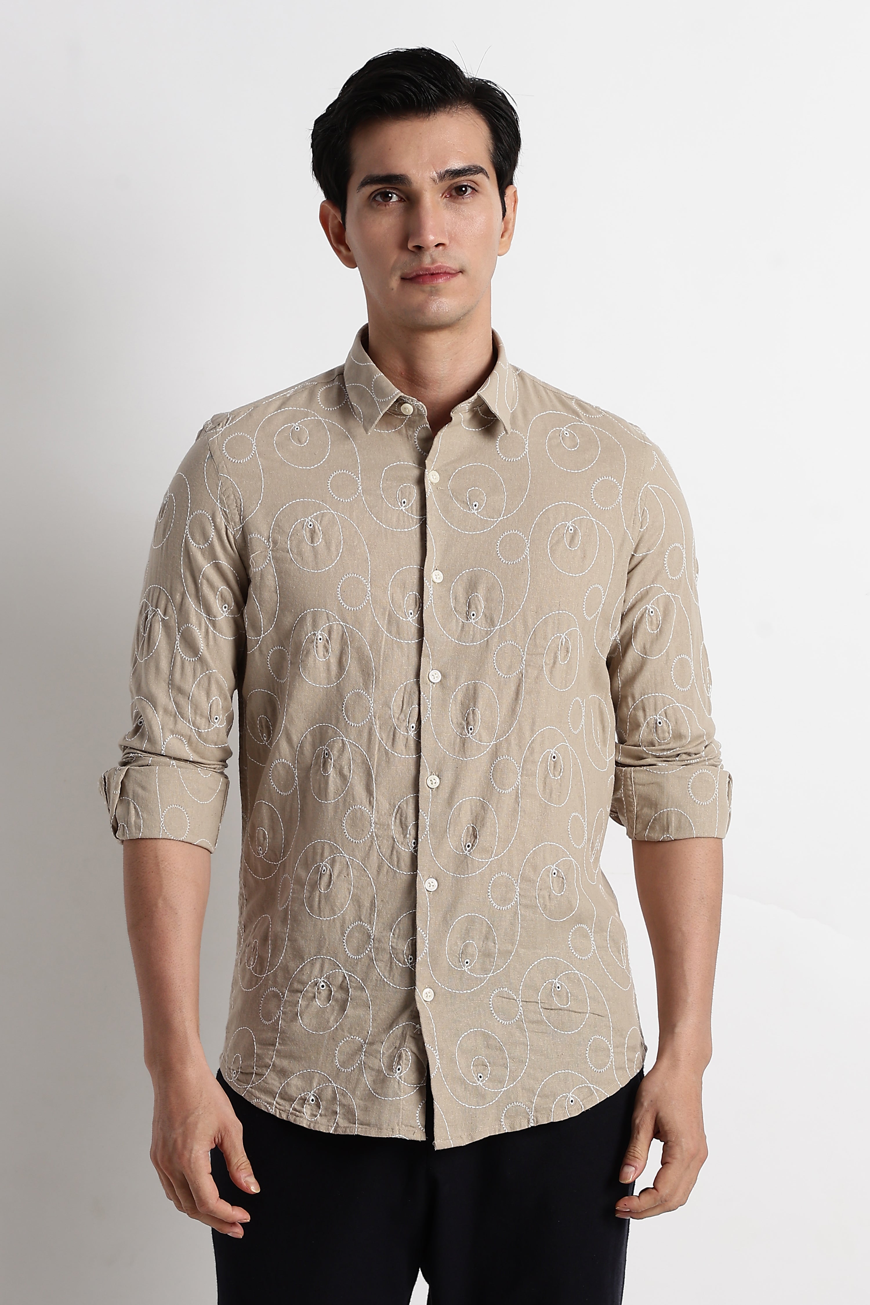 Men Textured Embroidered Cotton Shirt