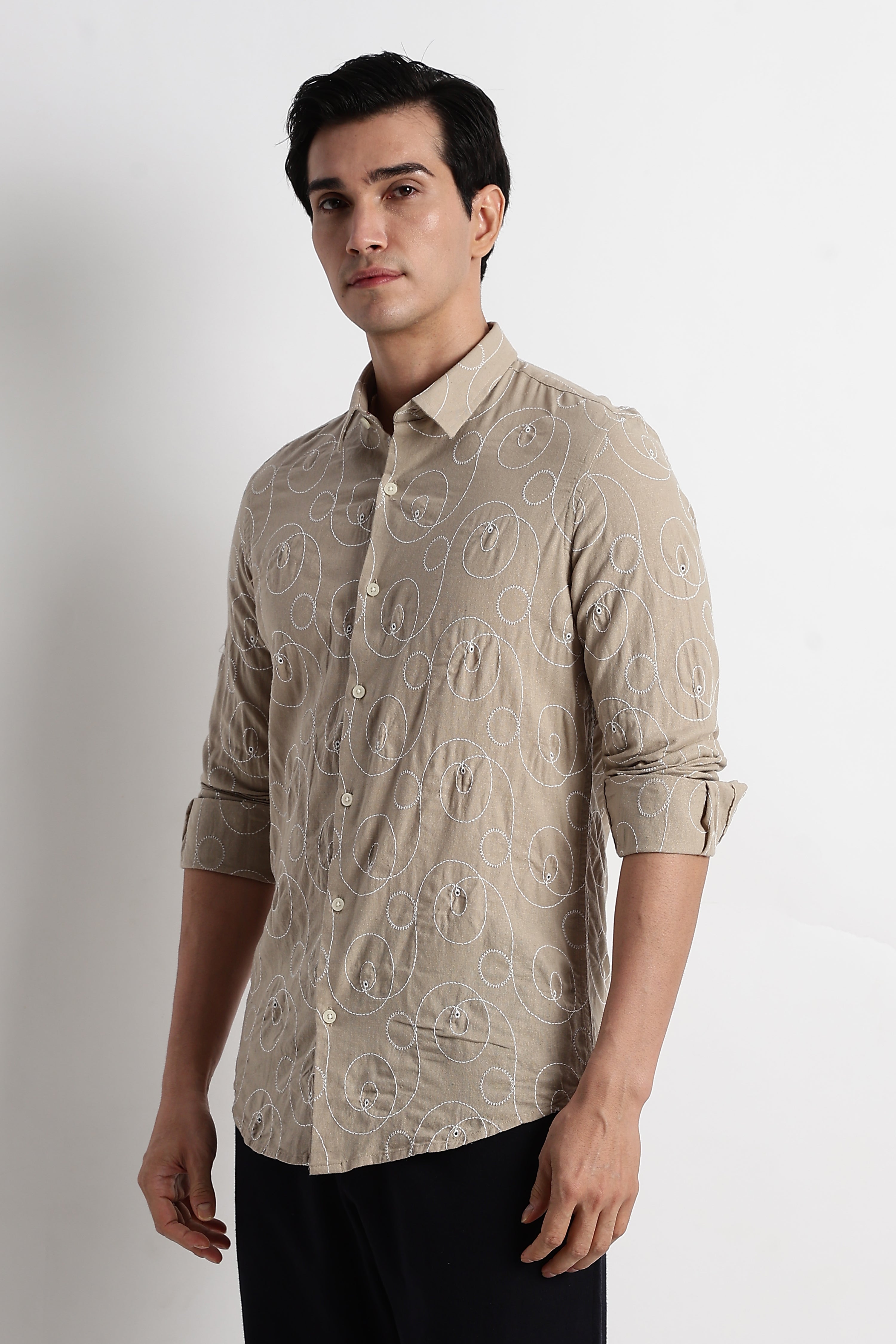 Men Textured Embroidered Cotton Shirt