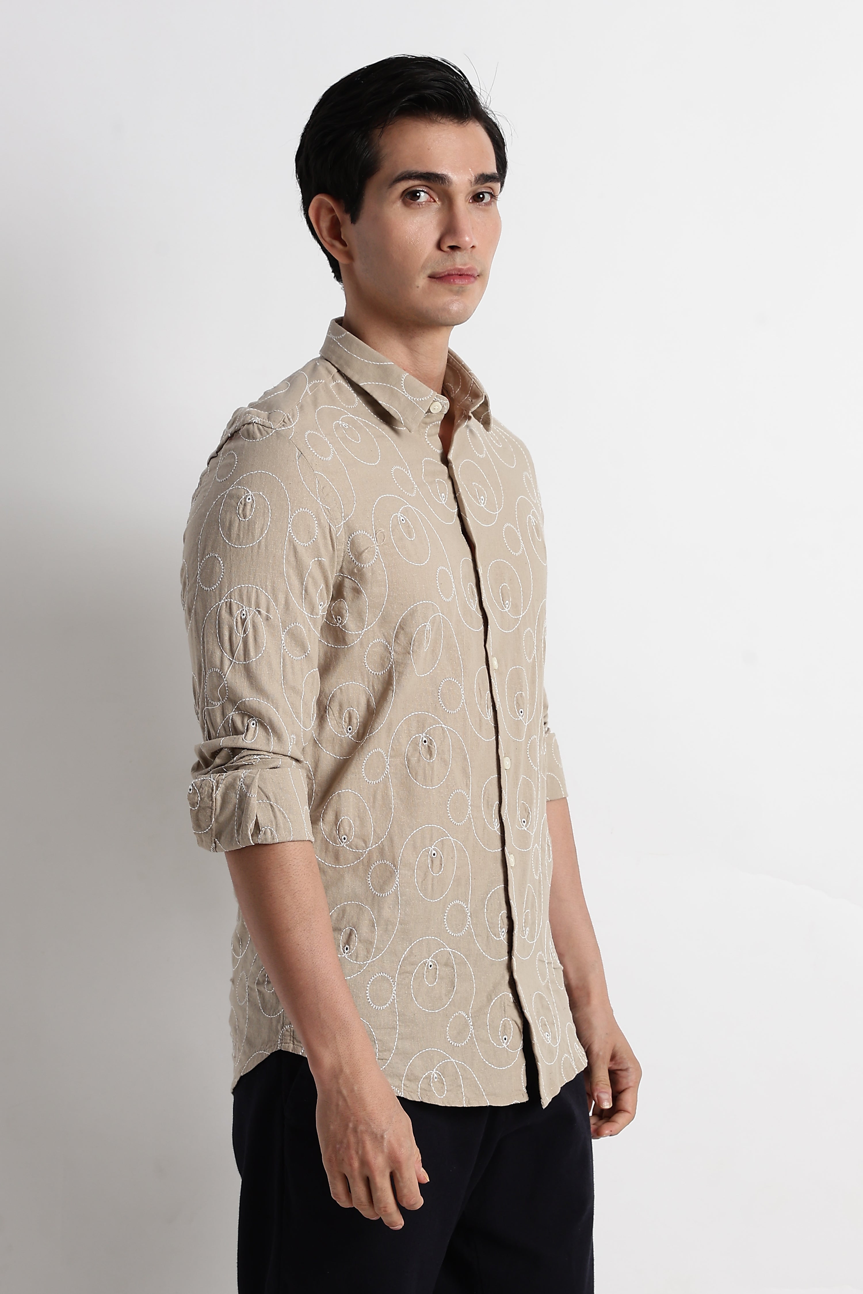 Men Textured Embroidered Cotton Shirt