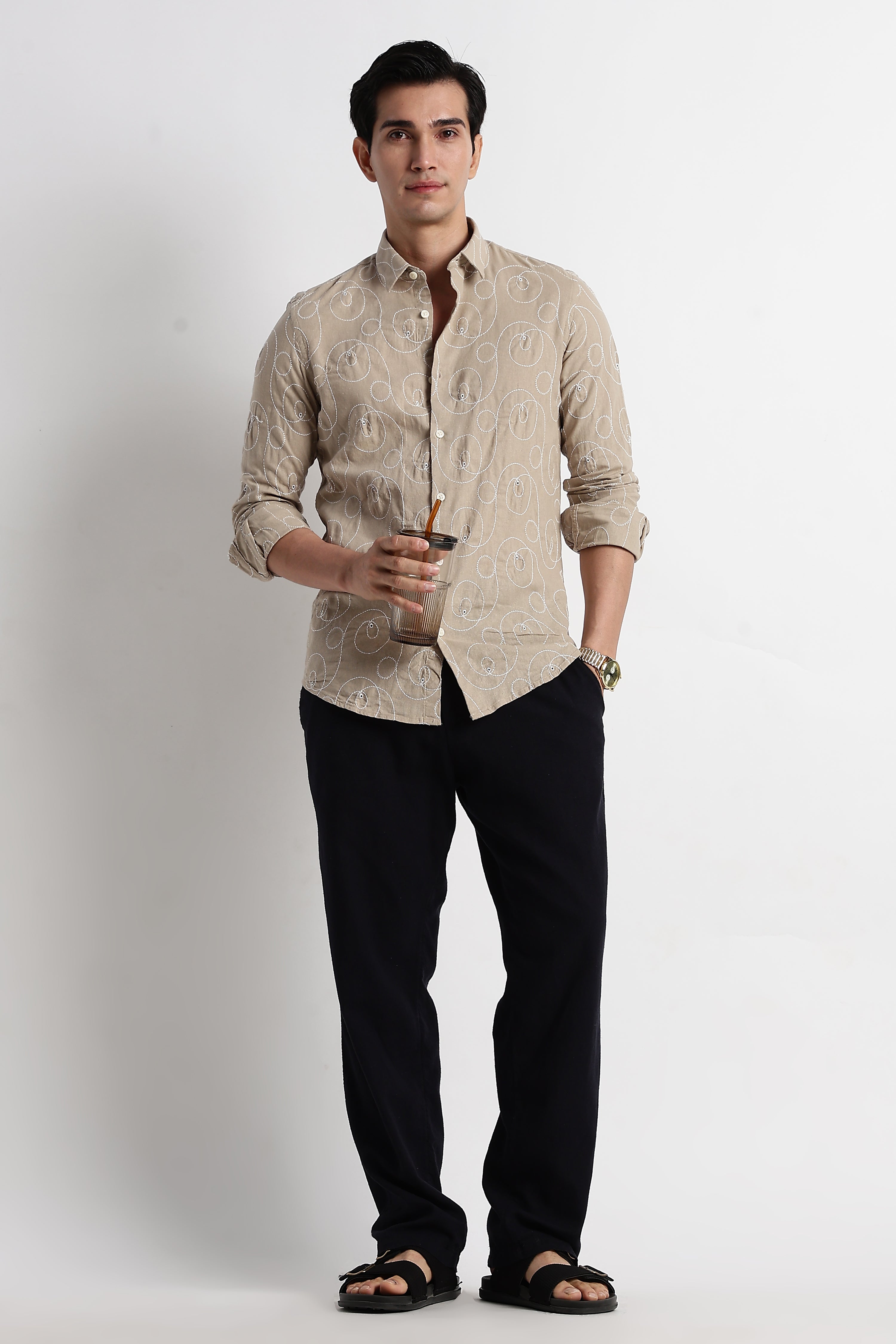 Men Textured Embroidered Cotton Shirt