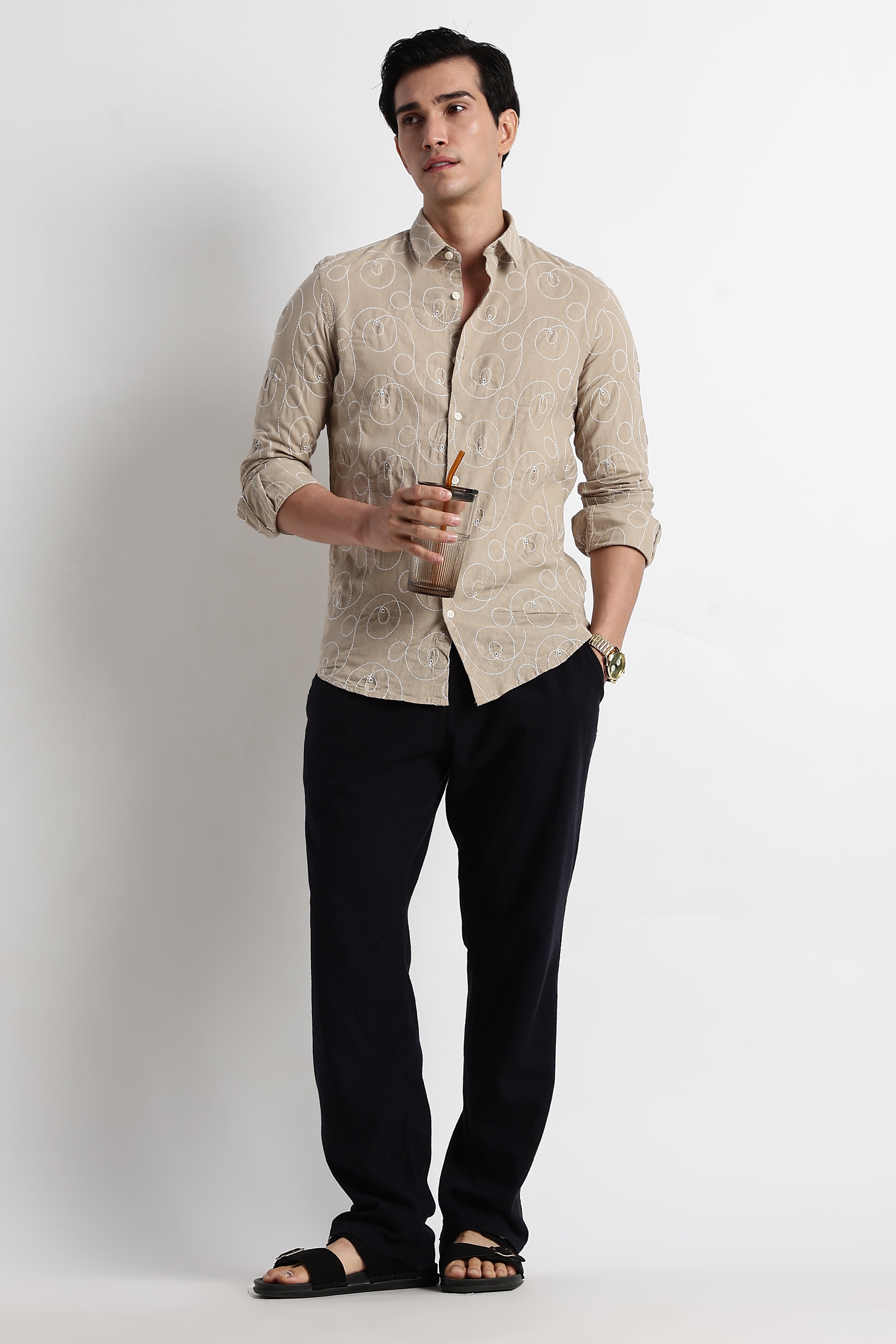 Men Textured Embroidered Cotton Shirt