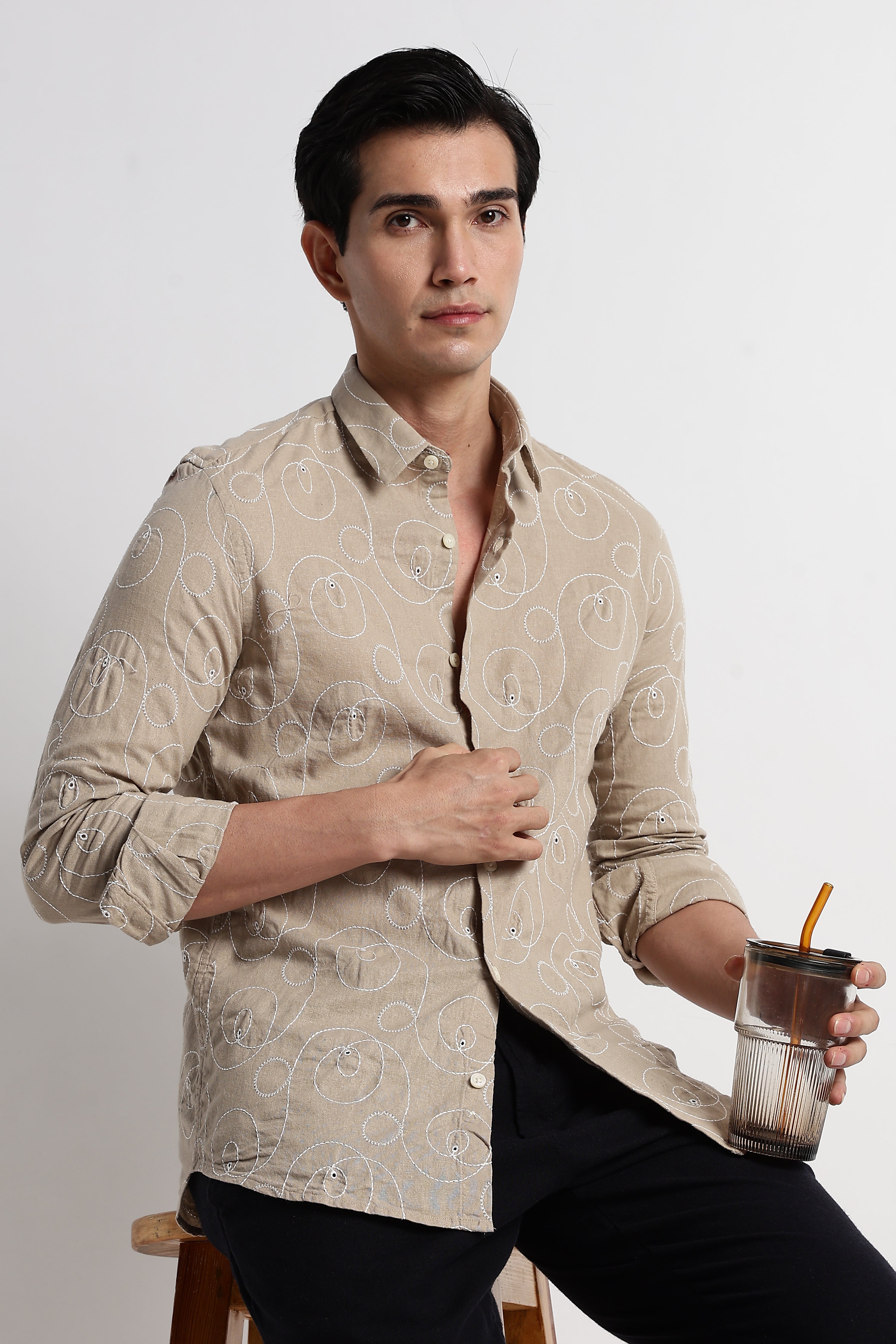 Men Textured Embroidered Cotton Shirt