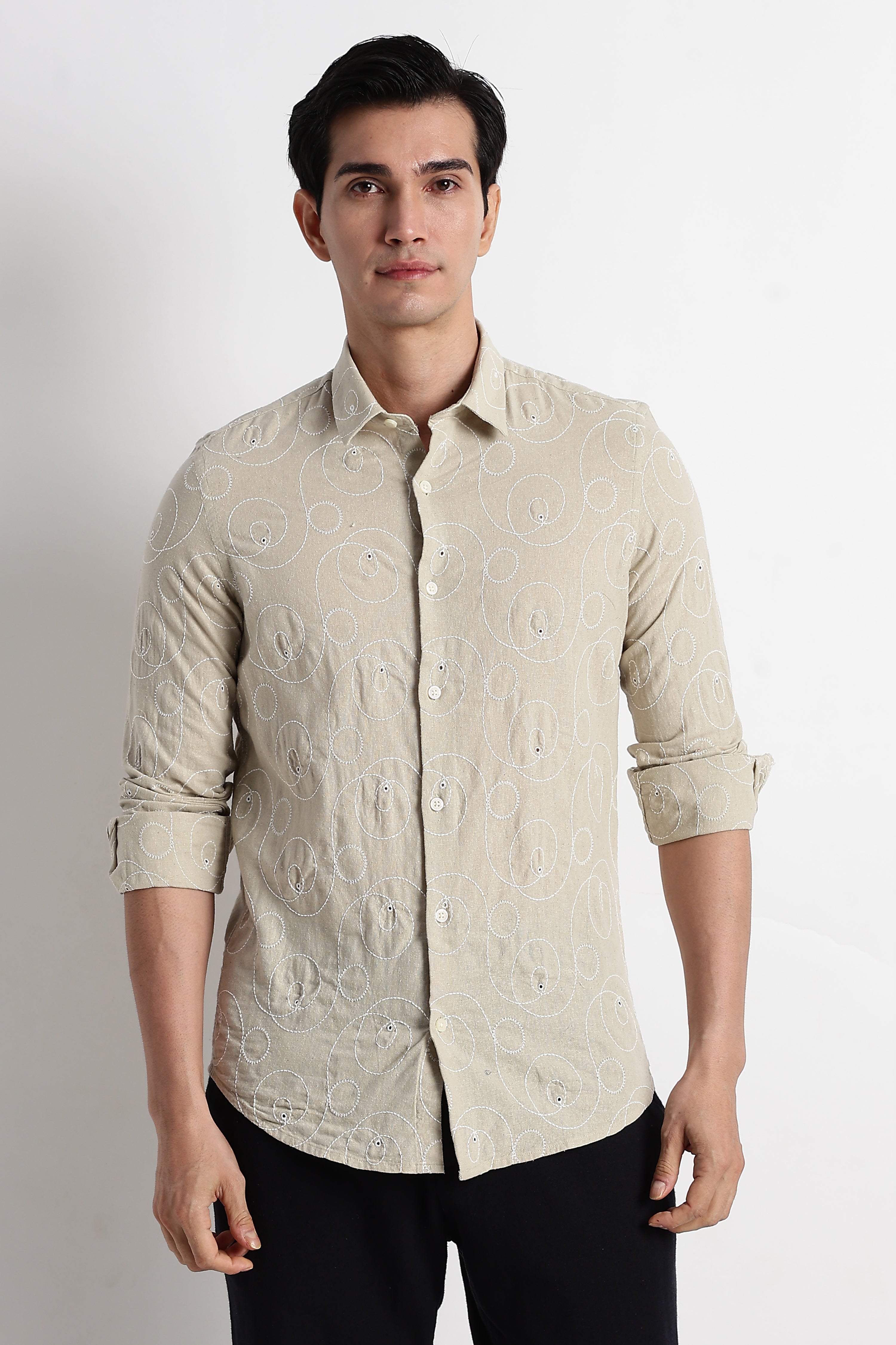 Men Textured Embroidered Cotton Shirt