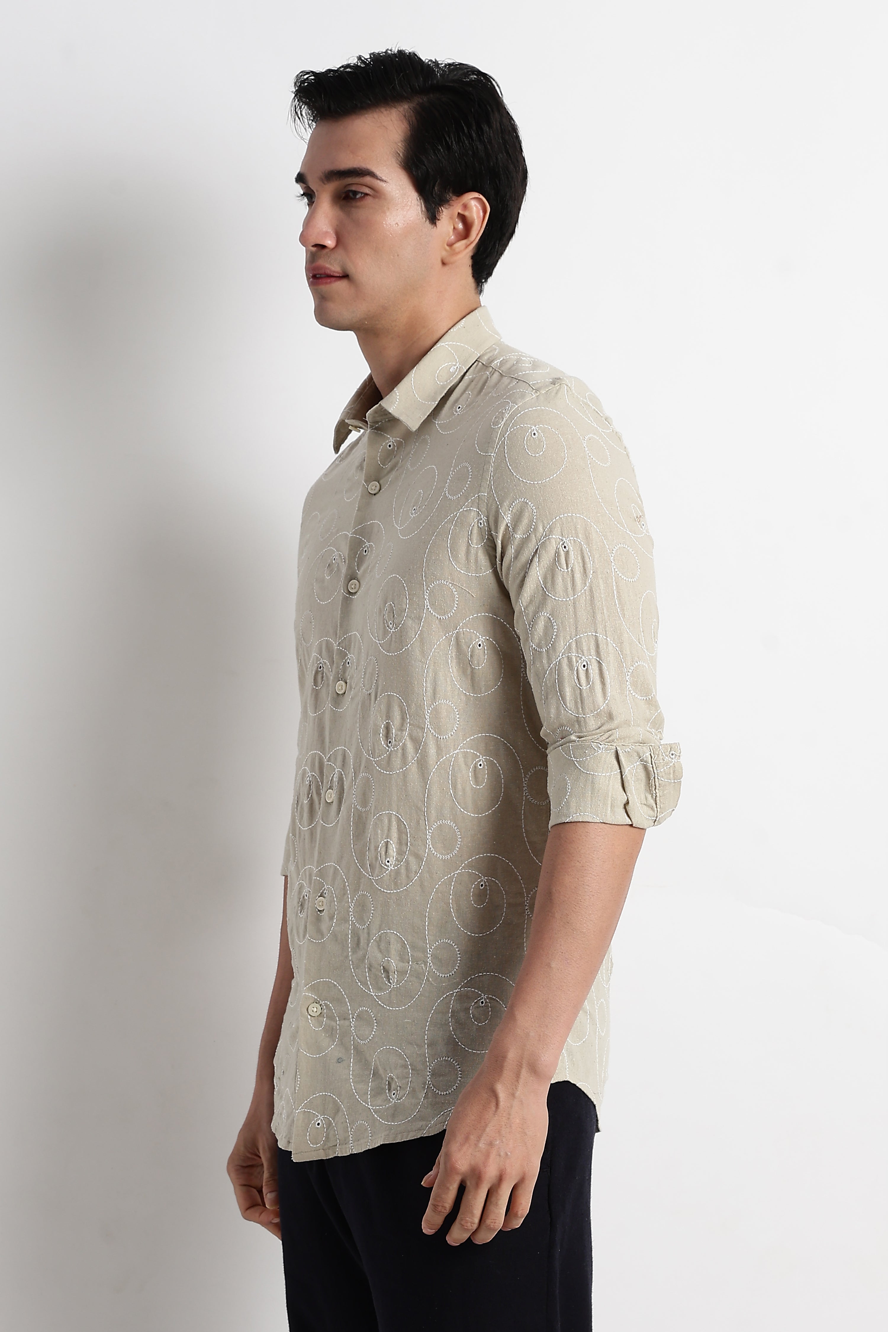 Men Textured Embroidered Cotton Shirt