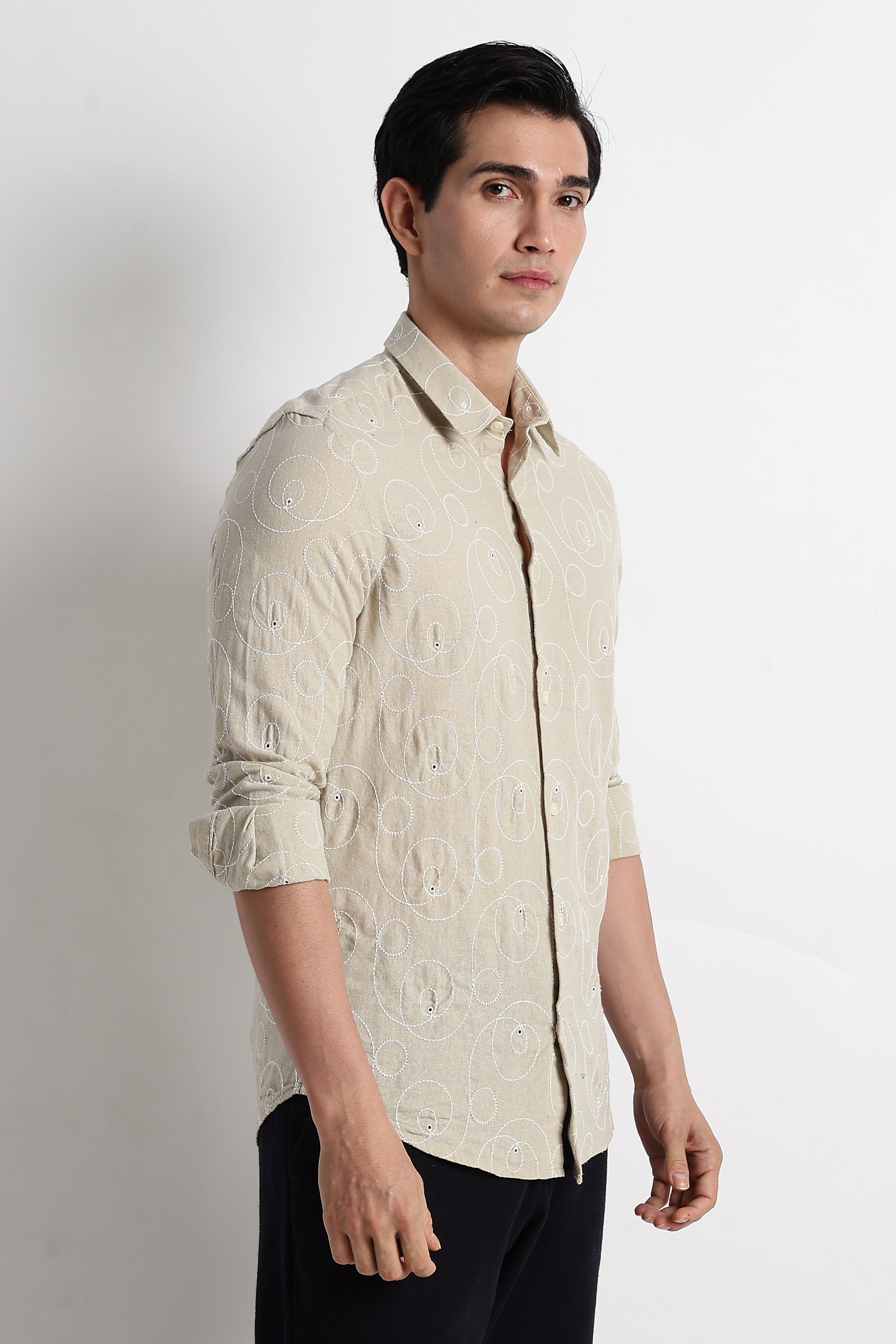 Men Textured Embroidered Cotton Shirt
