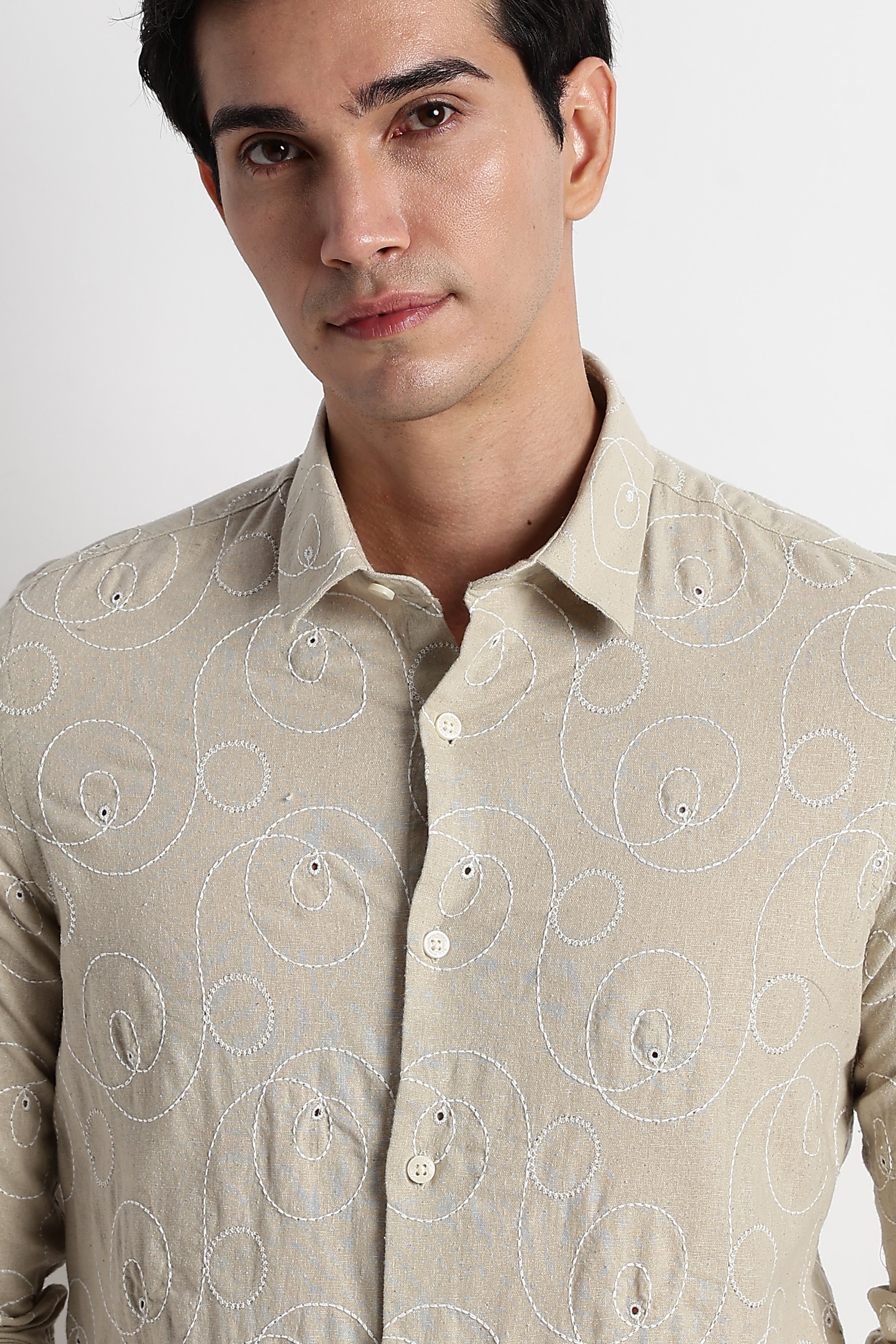 Men Textured Embroidered Cotton Shirt