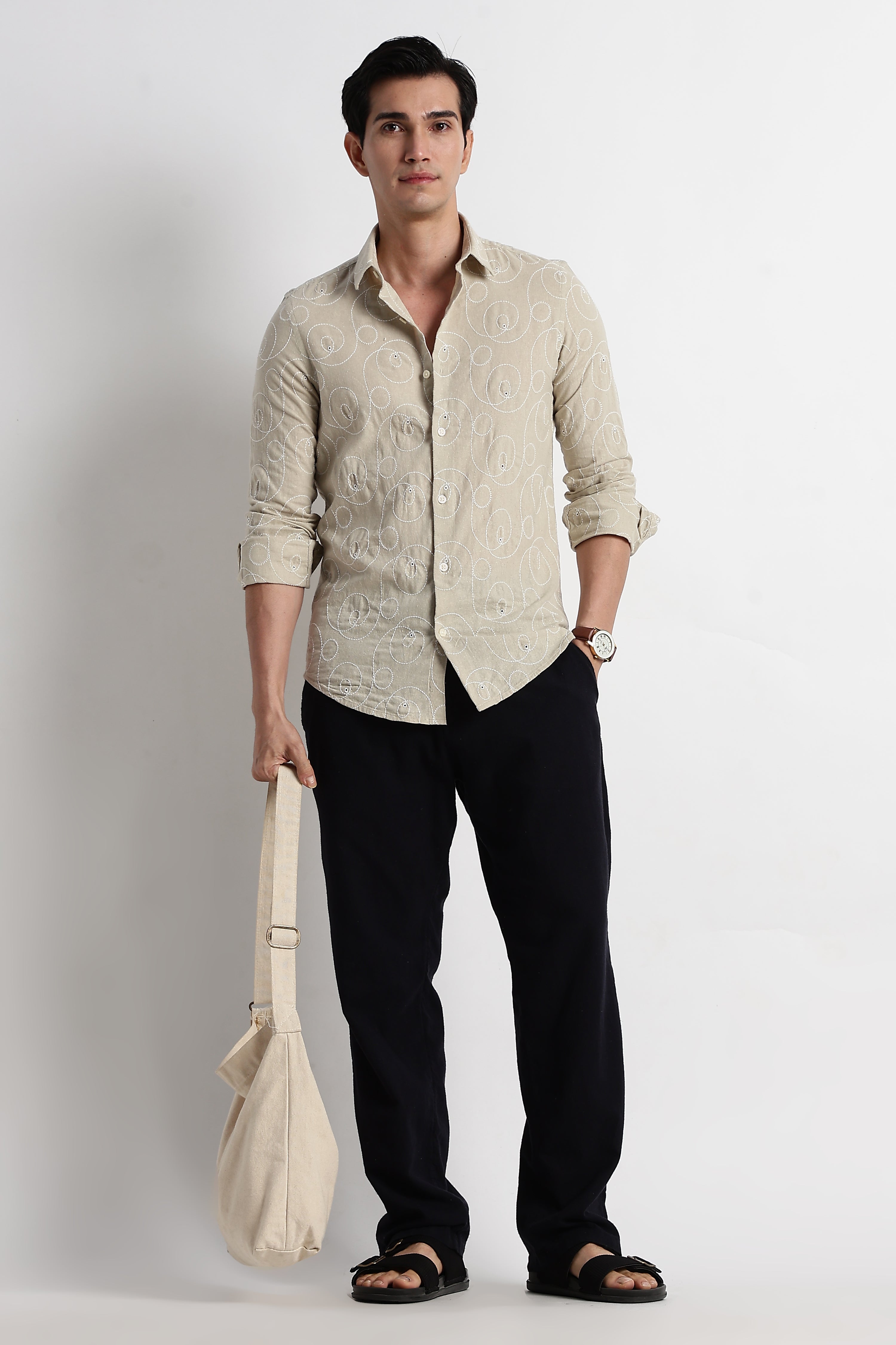 Men Textured Embroidered Cotton Shirt