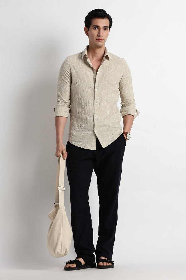 Men Textured Embroidered Cotton Shirt