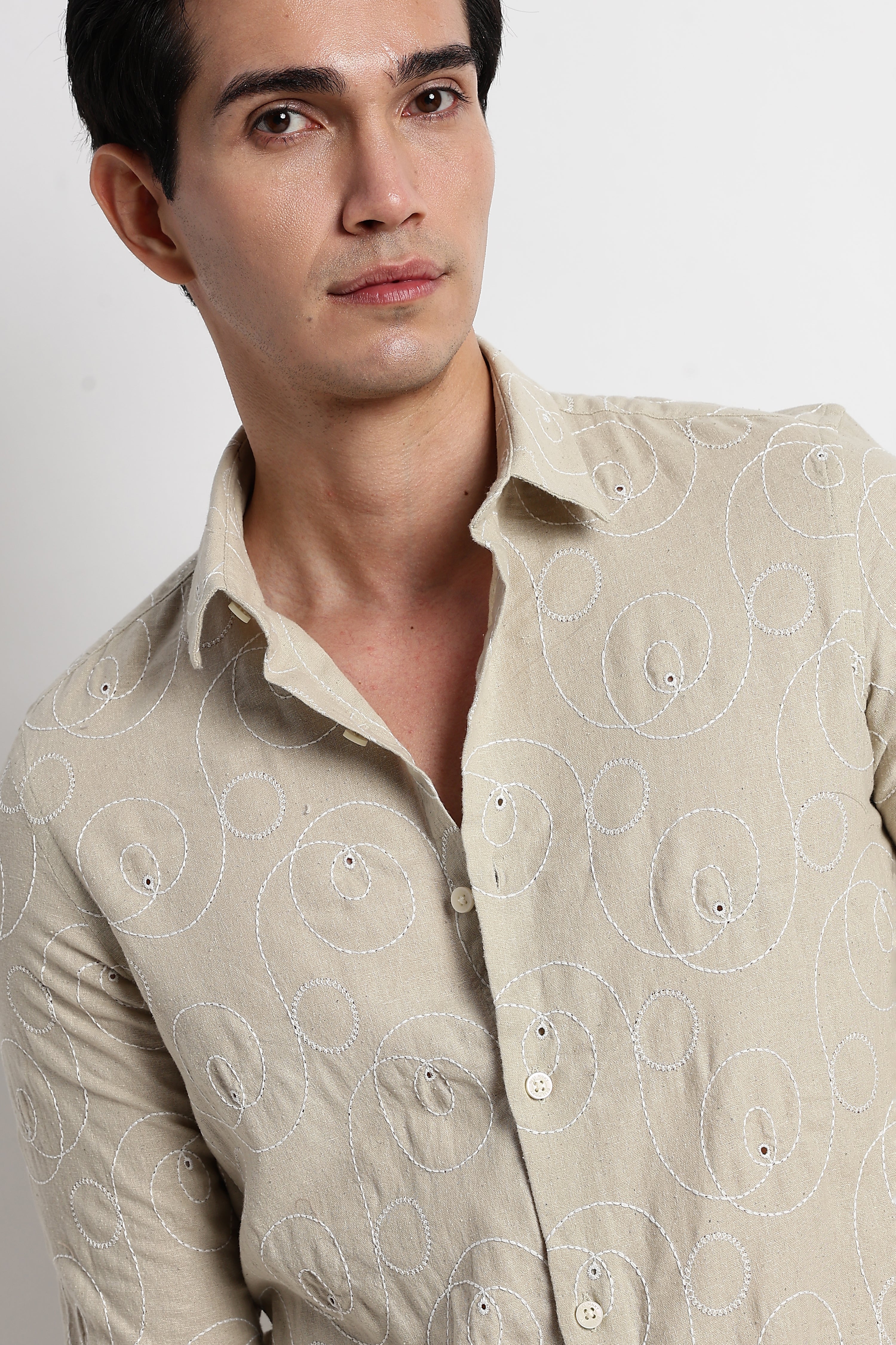 Men Textured Embroidered Cotton Shirt