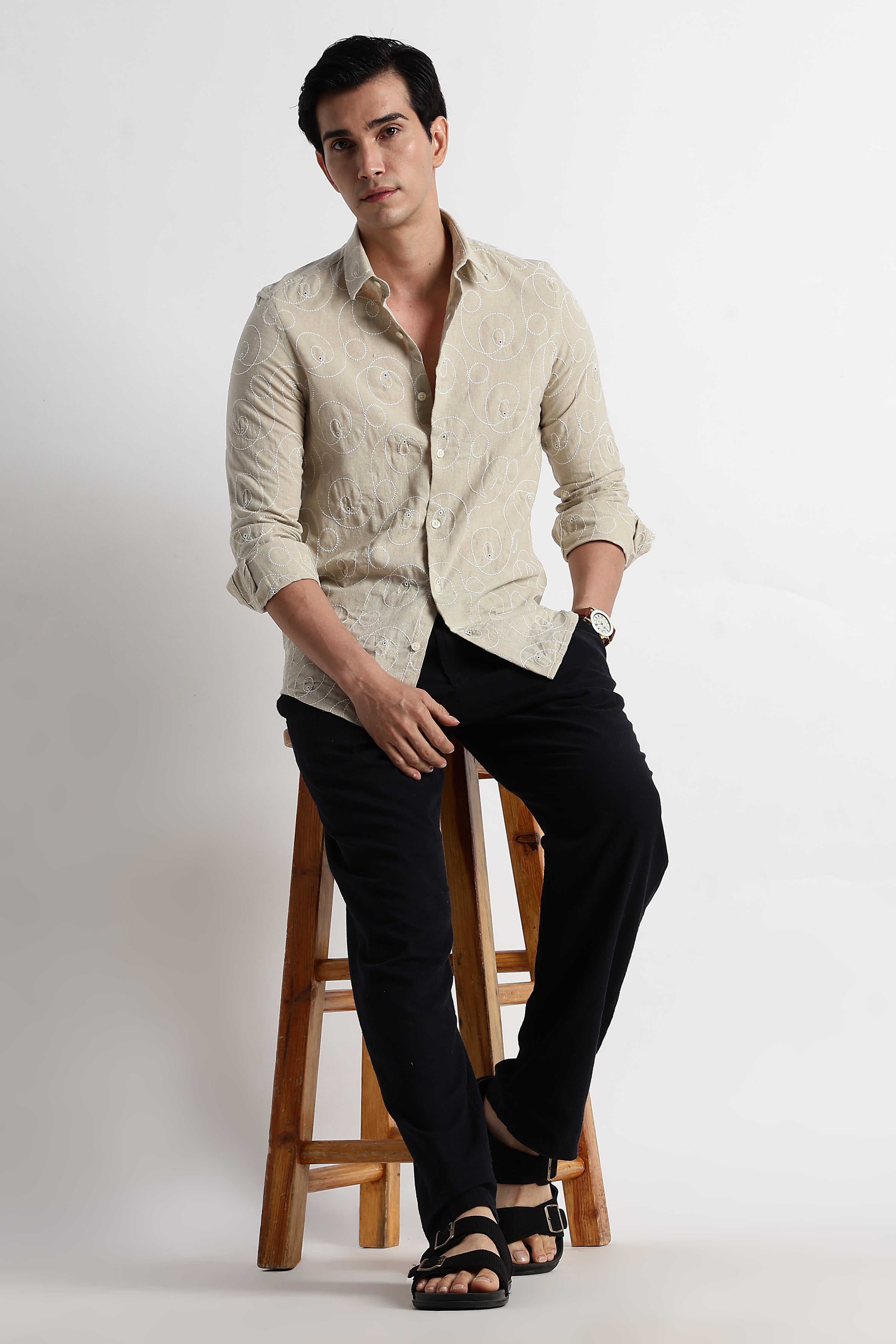 Men Textured Embroidered Cotton Shirt