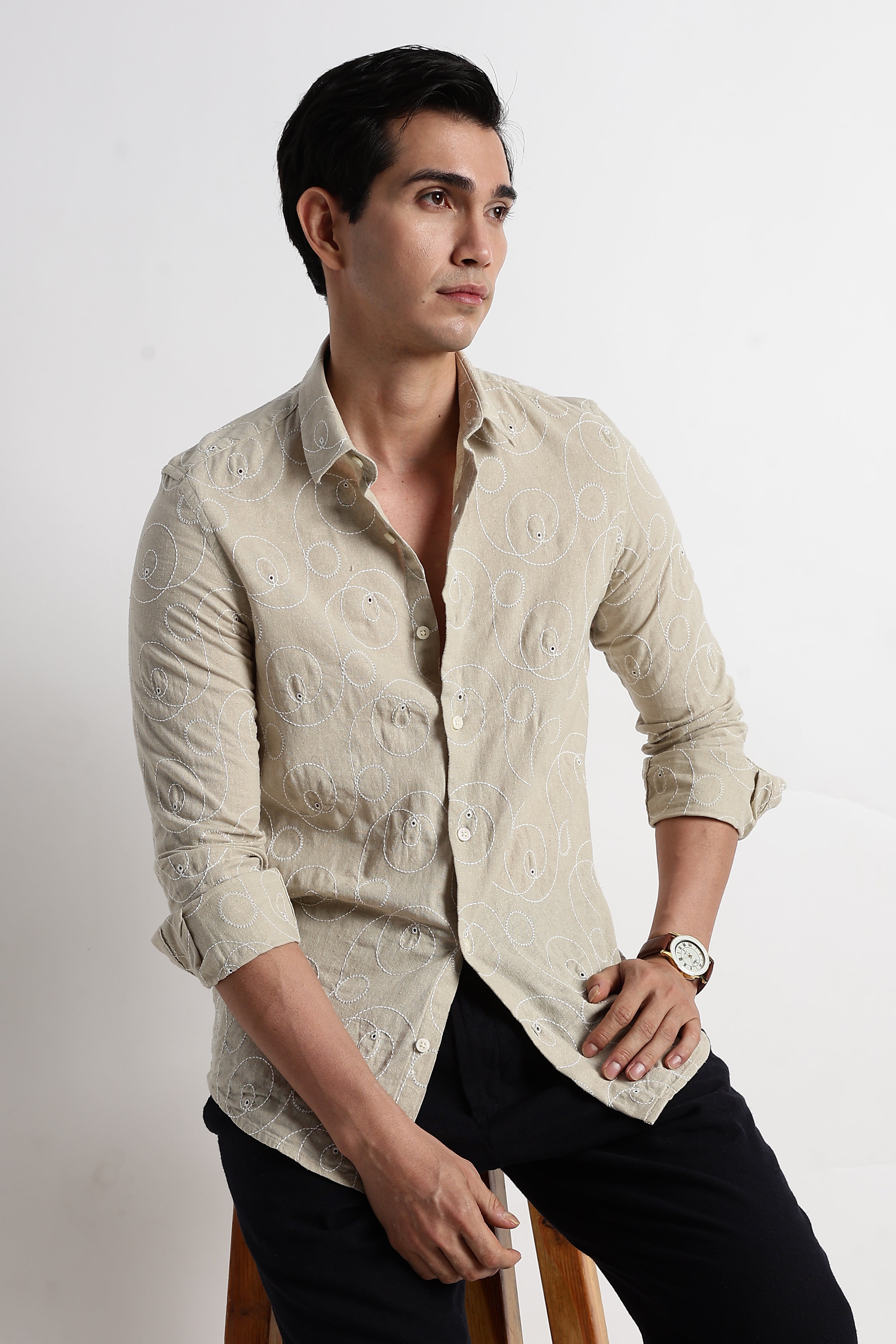 Men Textured Embroidered Cotton Shirt