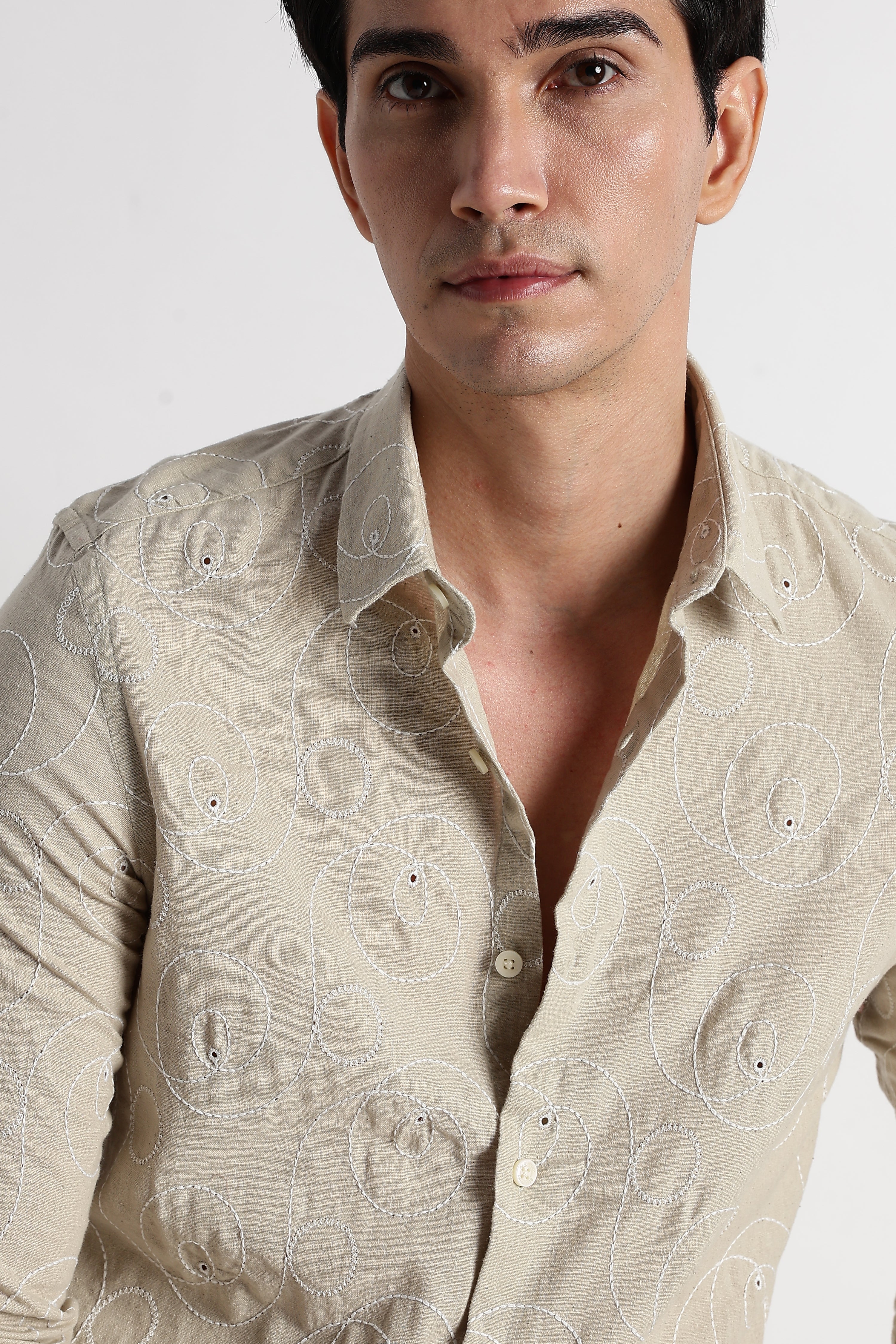 Men Textured Embroidered Cotton Shirt