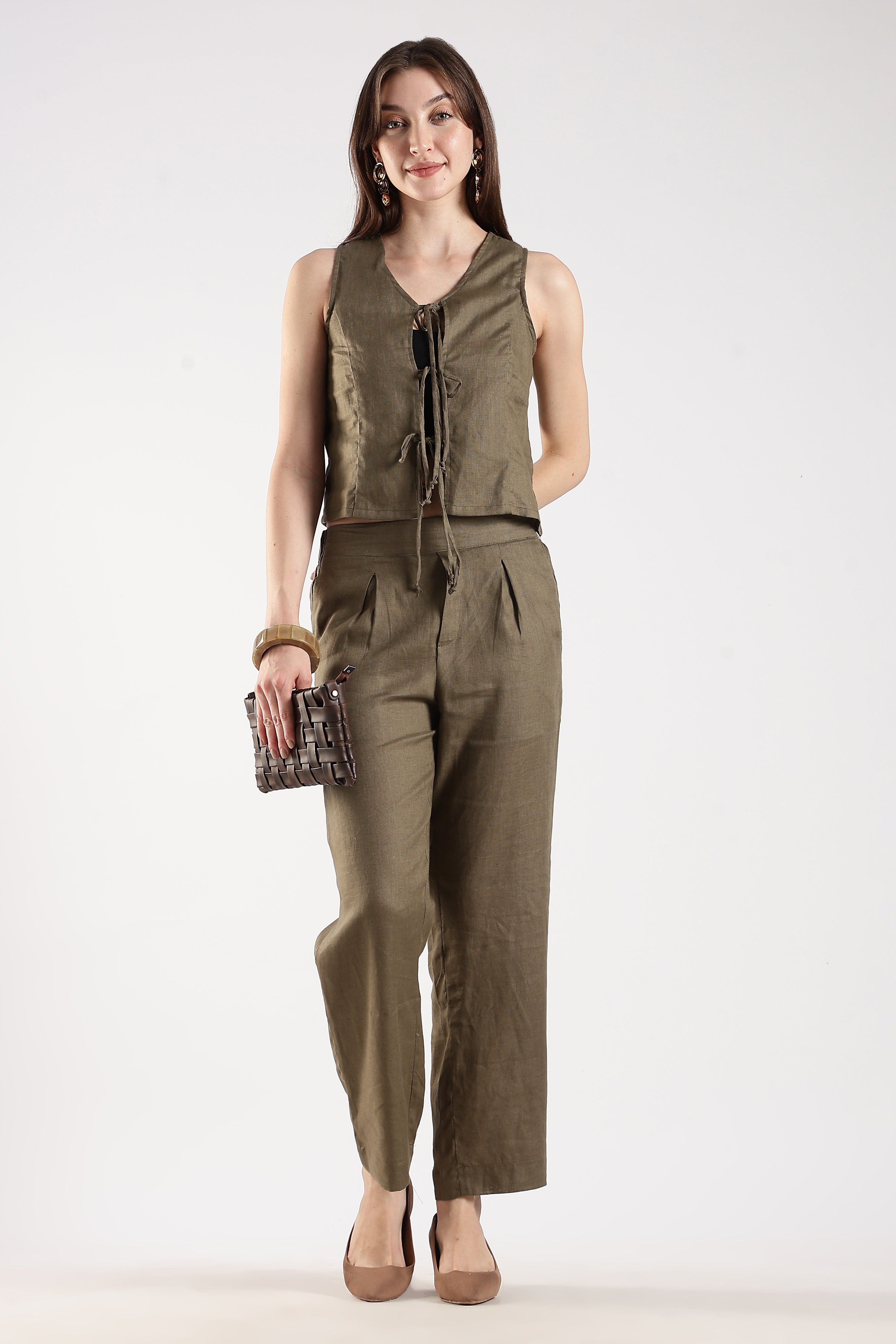 Women Olive Pure Linen Sleeveless Top With Front Tie-Ups