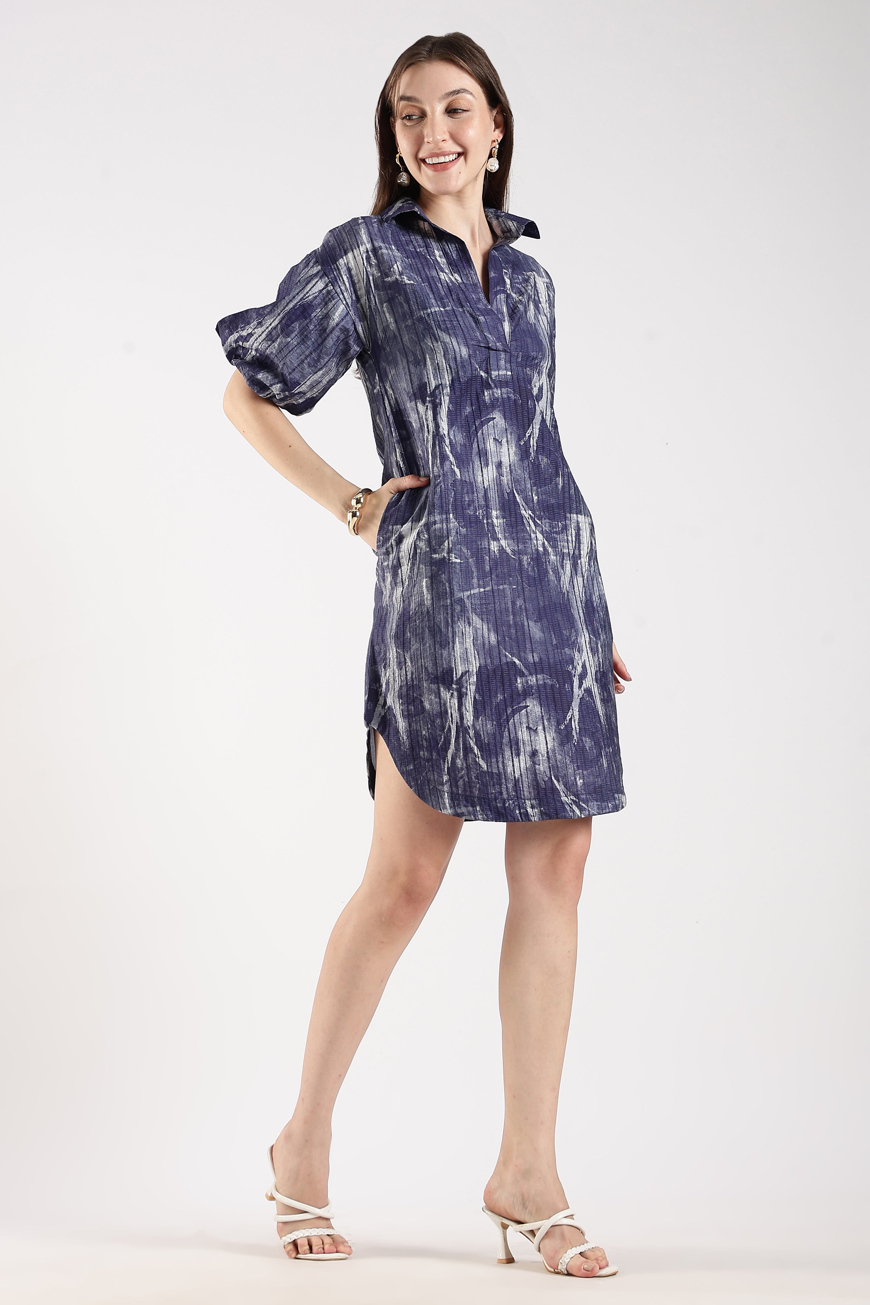 Women Purple Puff Sleeves Shirt Dress