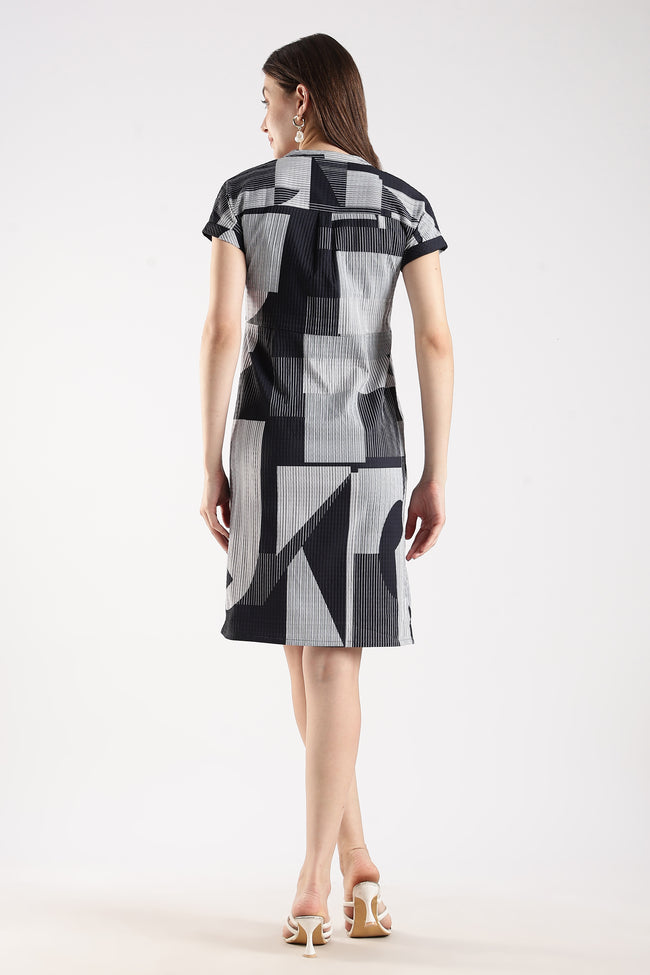 Women Black Textured Dress With Drawstrings