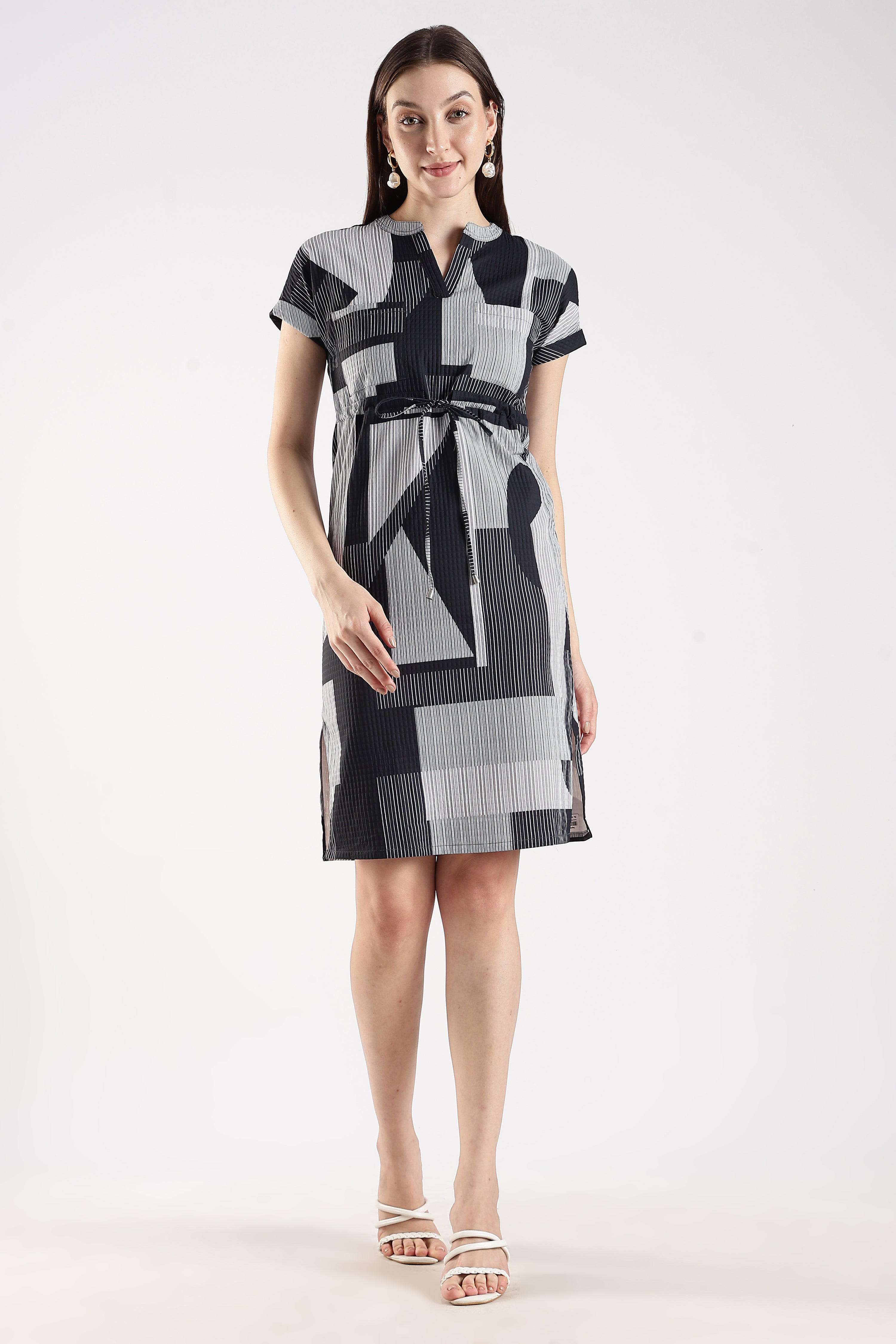 Women Black Textured Dress With Drawstrings