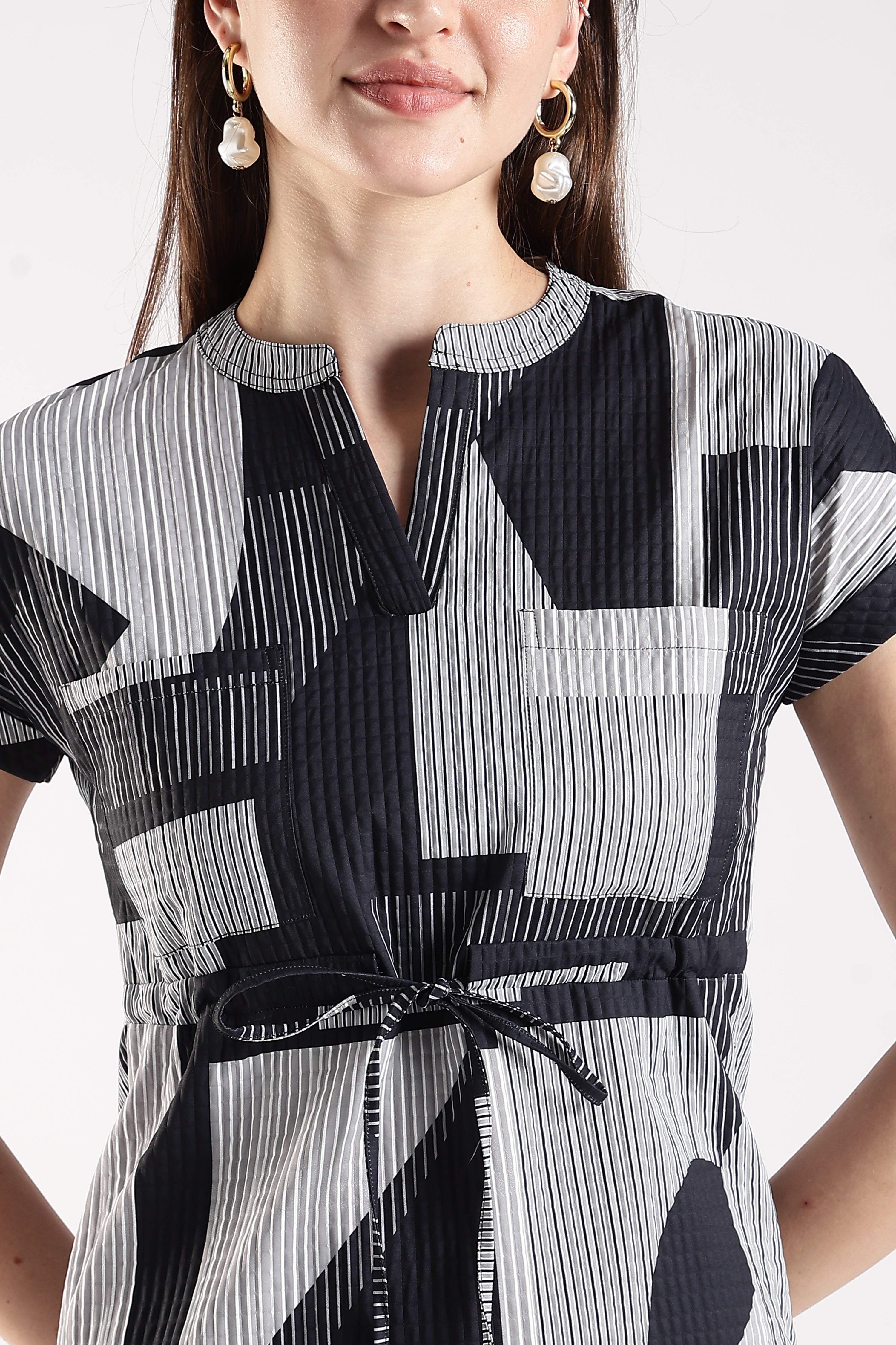 Women Black Textured Dress With Drawstrings