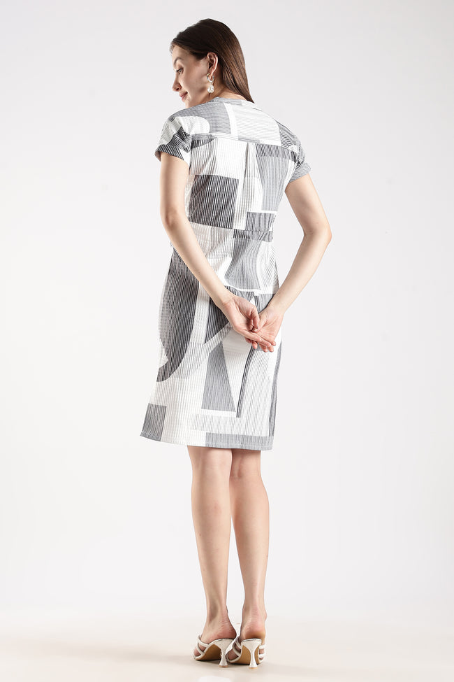 Women White Textured Dress With Drawstrings