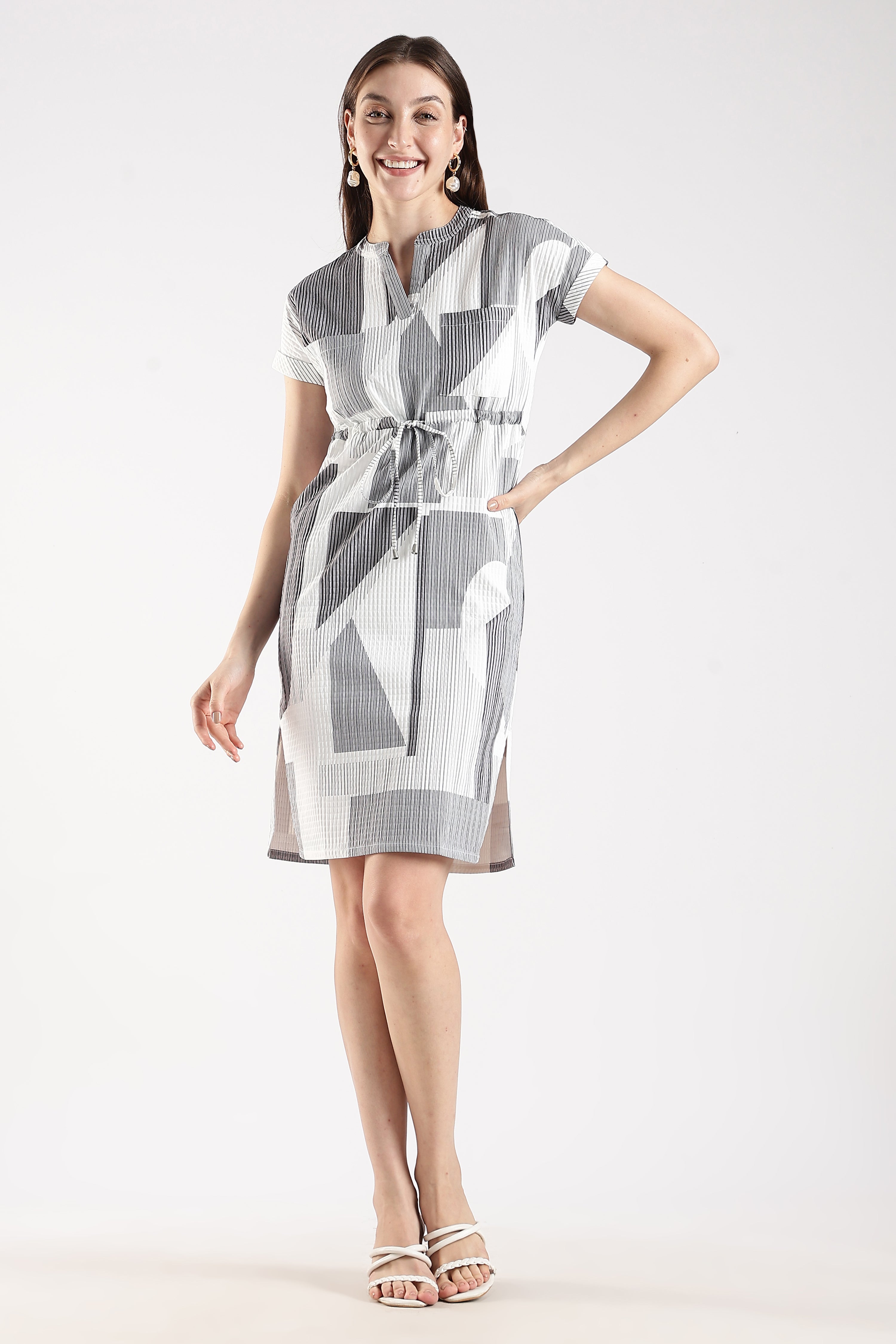 Women White Textured Dress With Drawstrings