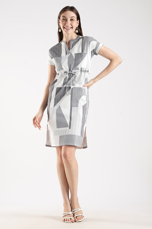Women White Textured Dress With Drawstrings