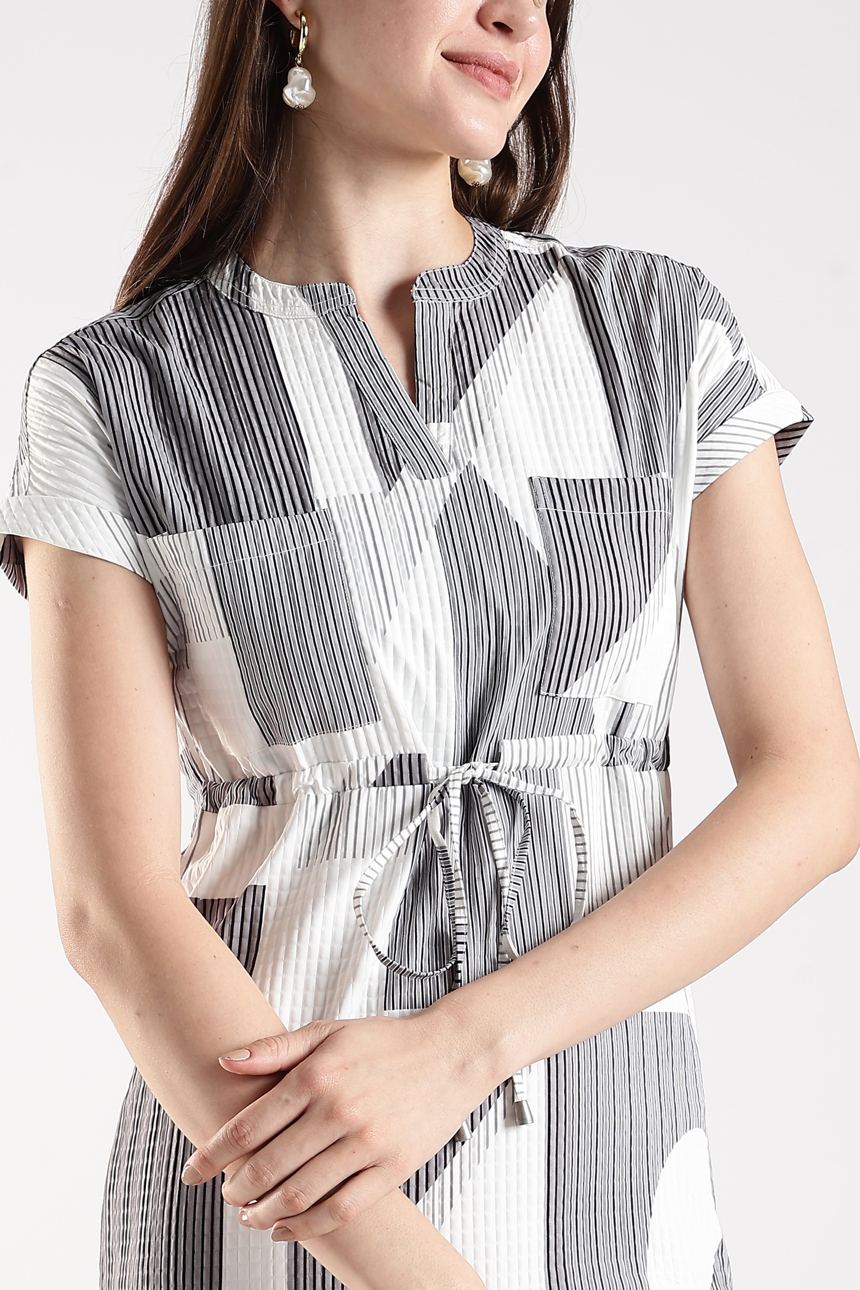 Women White Textured Dress With Drawstrings