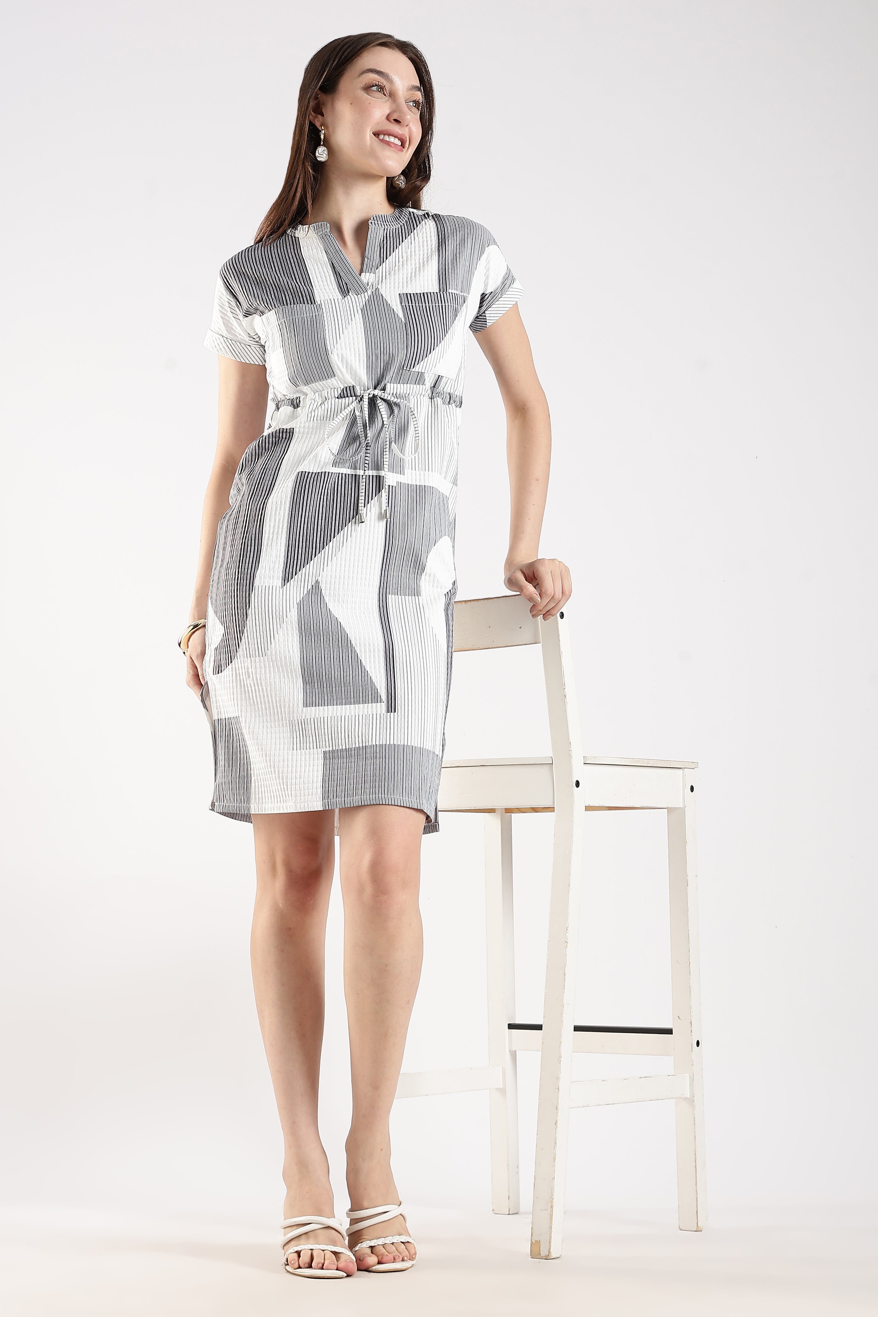 Women White Textured Dress With Drawstrings